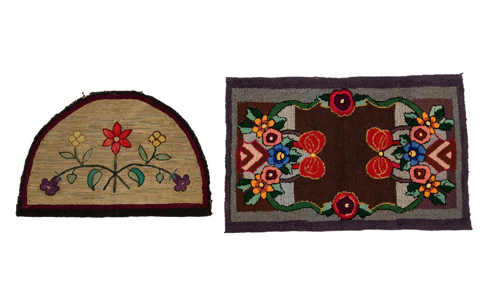 2 Amish Floral Hooked Rugs: 20th Century. Includes a semi-circle rug with a flower design and a large rectangular rug with a posy basket design. Rug hooking is a traditional way of making rugs by hooking fabric strips or wool
