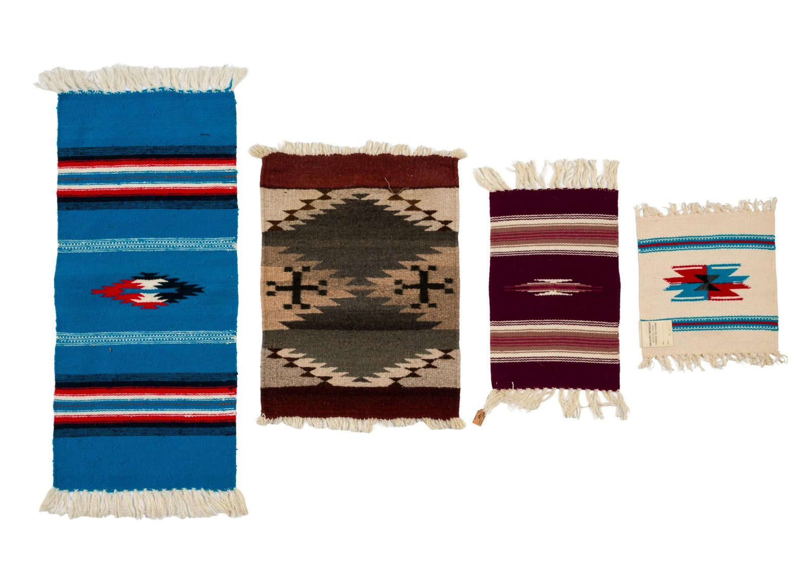 4 Vintage Southwestern Weavings Incl. Ortega's: Includes small Navajo weaving, two tagged Ortega's Chimayo weavings with diamond motif, and a small Chimayo runner with a diamond motif and no tag. Chimayo weavings refers to a style of weaving