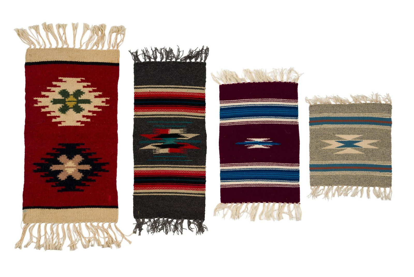 4 Vintage Southwestern Weavings Incl. Ortega's and Navajo: Includes Mexican 1970-80's weaving, two untagged chimayo weavings with diamond motifs, and a tagged Ortegas chimayo weaving with a diamond motif. Chimayo weavings refers to a style of