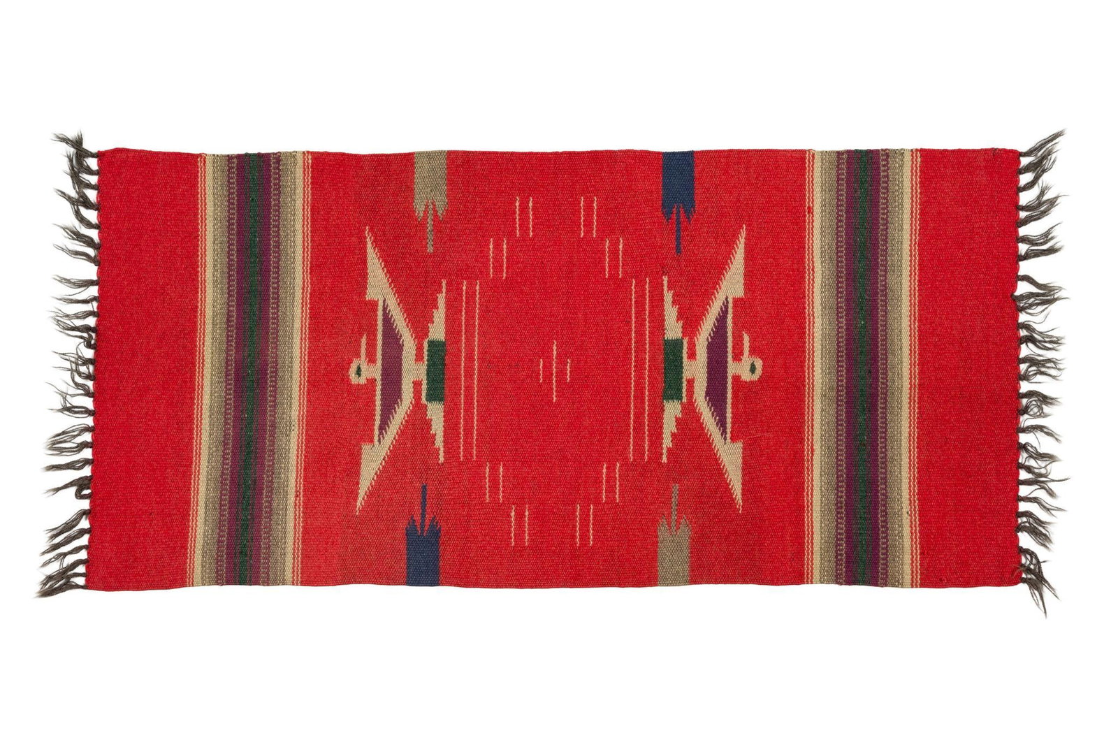 Fred Harvey Thunderbird Chimayo Rug: A Fred Harvey symmetrical runner weaving with a thunderbird motif on each side. The Fred Harvey Company specialized in selling Southwest Native American arts including textiles, jewelry, and