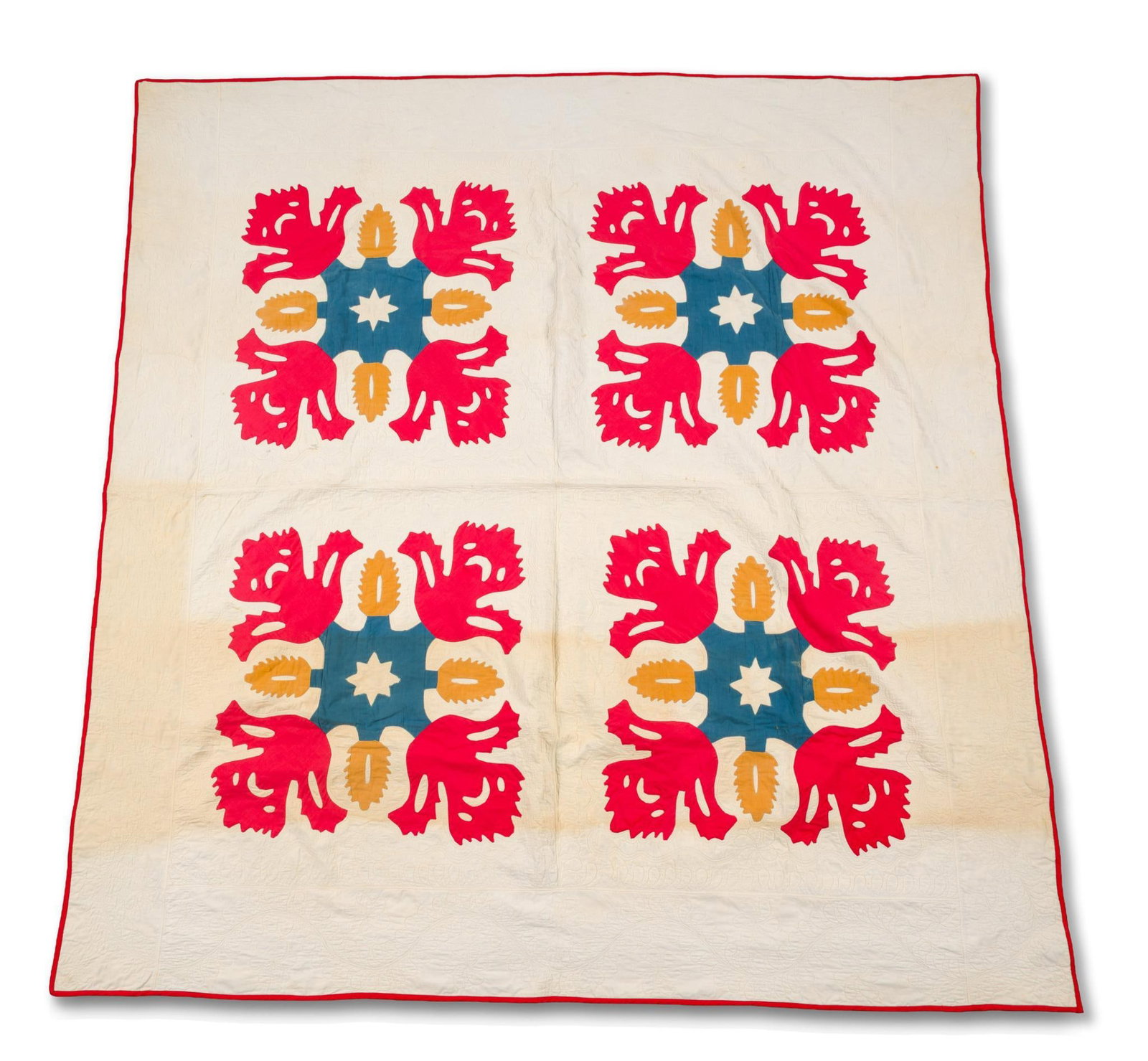 Late 19th C Cockscomb Pattern Quilt: An intricate Adams county quilt likely made in the late 19th century with a red, yellow, and blue cockscomb flower pattern. Measures 79" x 83" long. Has some minor staining, discoloration, and small