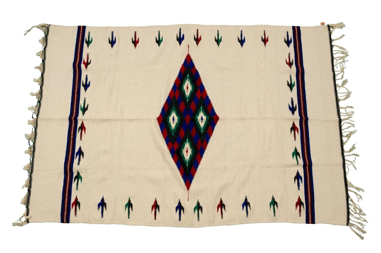 Mexican Serape with Bird Motifs: Mexican woven serape, early to mid-20th century, featuring a natural white ground with a large central diamond composed of concentric geometric motifs in red, blue, green, black, and cream,