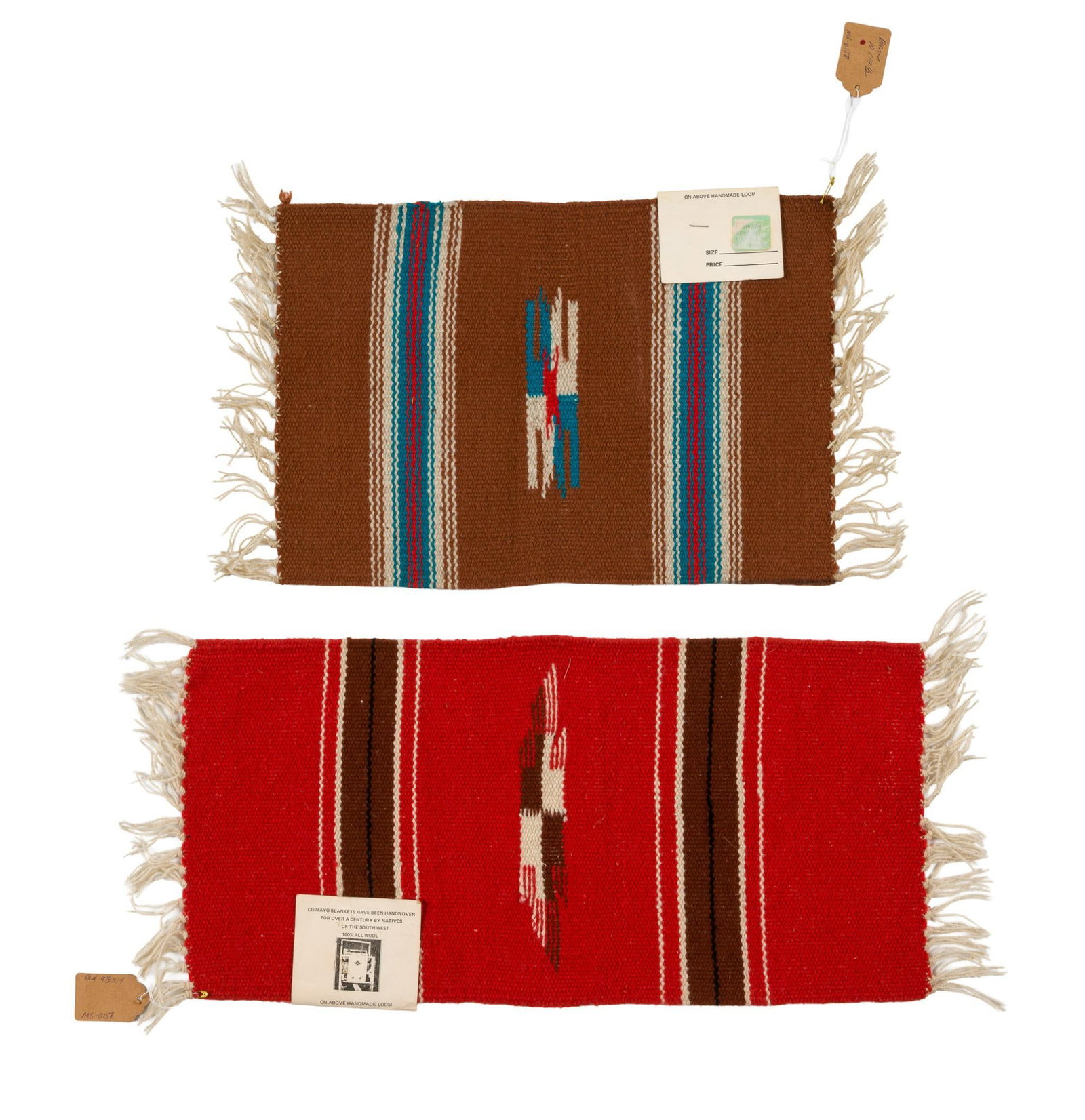 2 Chimayo Weavings: Both with tags. 15" to 19-3/8" wide x 9-1/2" to 10-3/8" high. 
