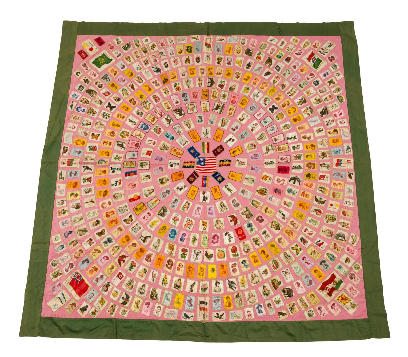 Early 20th C Cigarette Silk Quilt with 505 Tobacco Premiums, Including Ty Cobb: The individual silks represent the popular tobacco-premium collecting culture of the early 20th century, when such promotional textiles were collected and incorporated into quilts and other household 