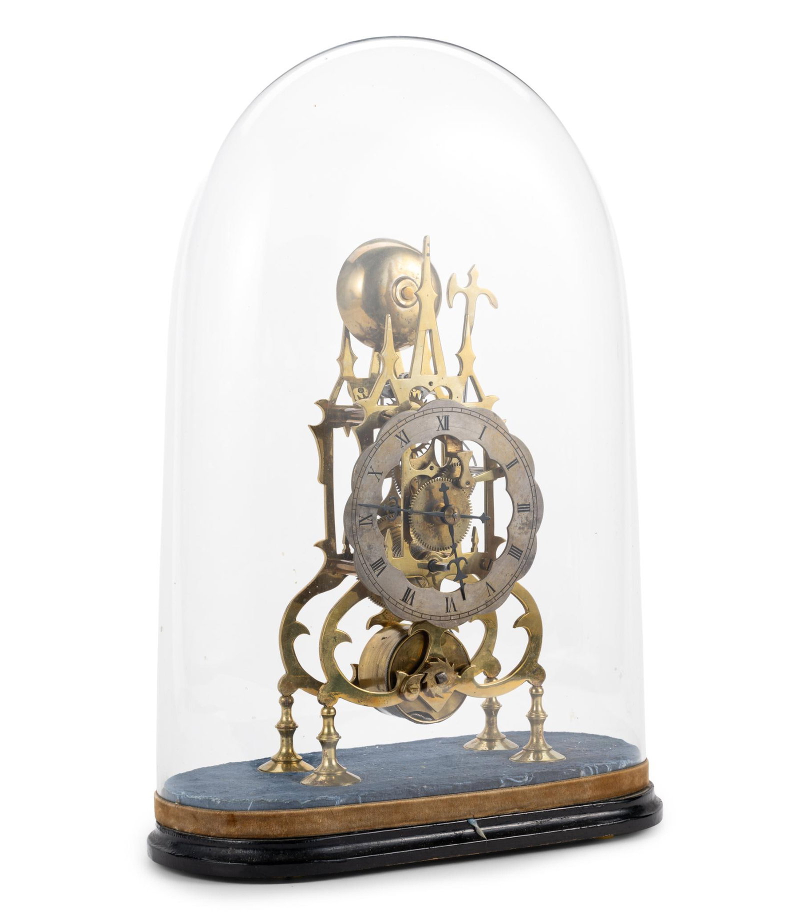 Antique Brass Skeleton Clock with Glass Cloche Dome: In good condition. Untested. Dimensions are ~19" x ~13" x ~5". 