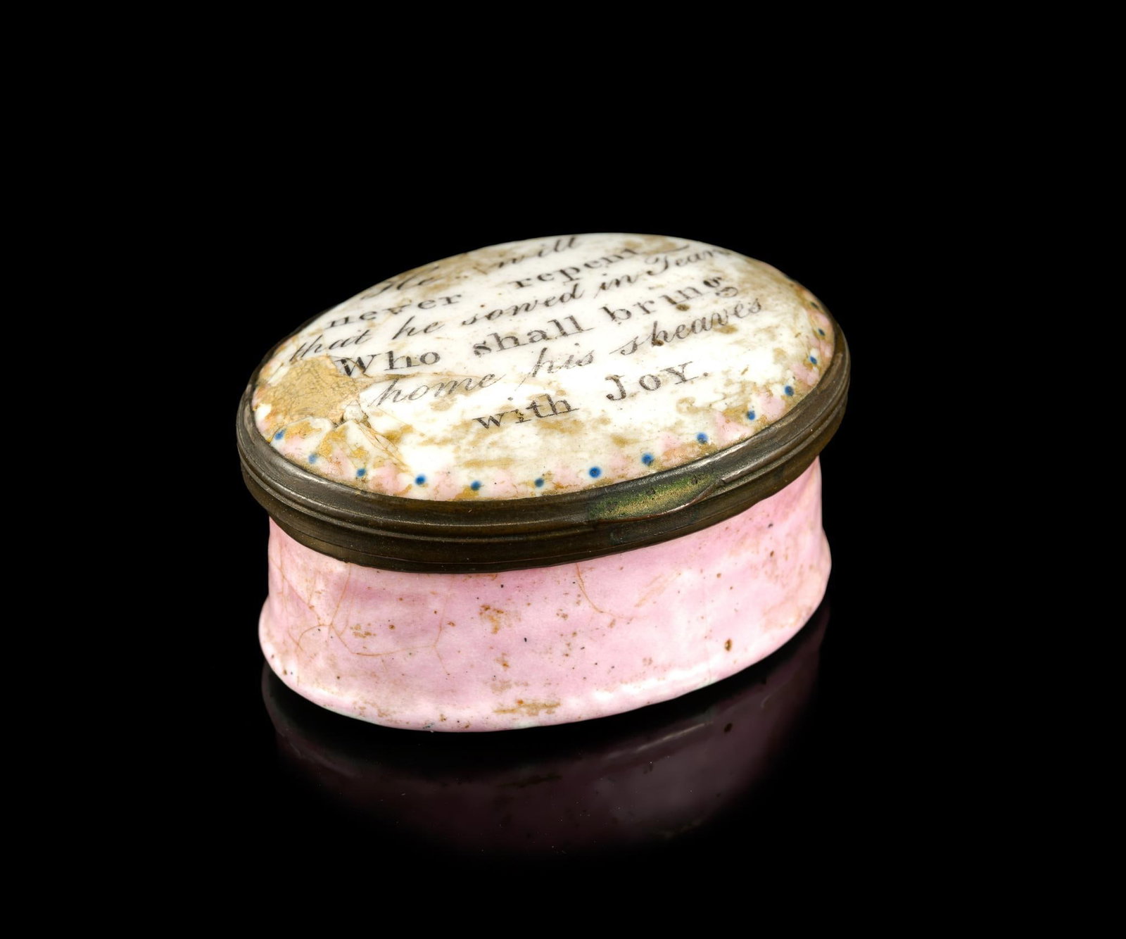 18th C English Enamel Patch Box: Lid with hand-painted sentiment "He will never repent that he sowed in Tears. Who shall bring home his sheaves with Joy." A patch box was a small antique container for cosmetic face patches. Wear cons