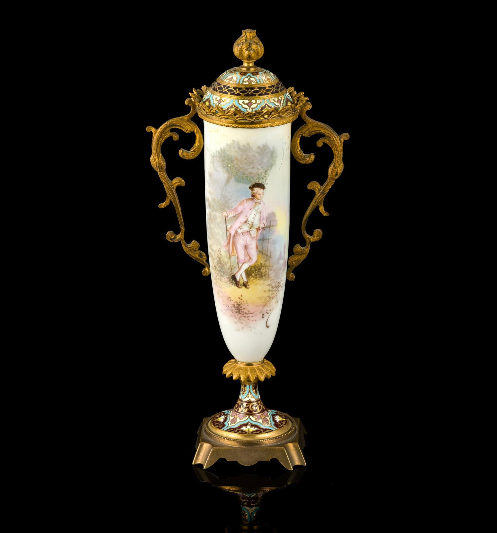 French Sevres Style Porcelain and Enamel Mounted Lidded Urn: A porcelain and gilt bronze vase from the 19th Century, France. It features a hand painted figural scene on porcelain. The height is 11". It has no damage or repairs. 
