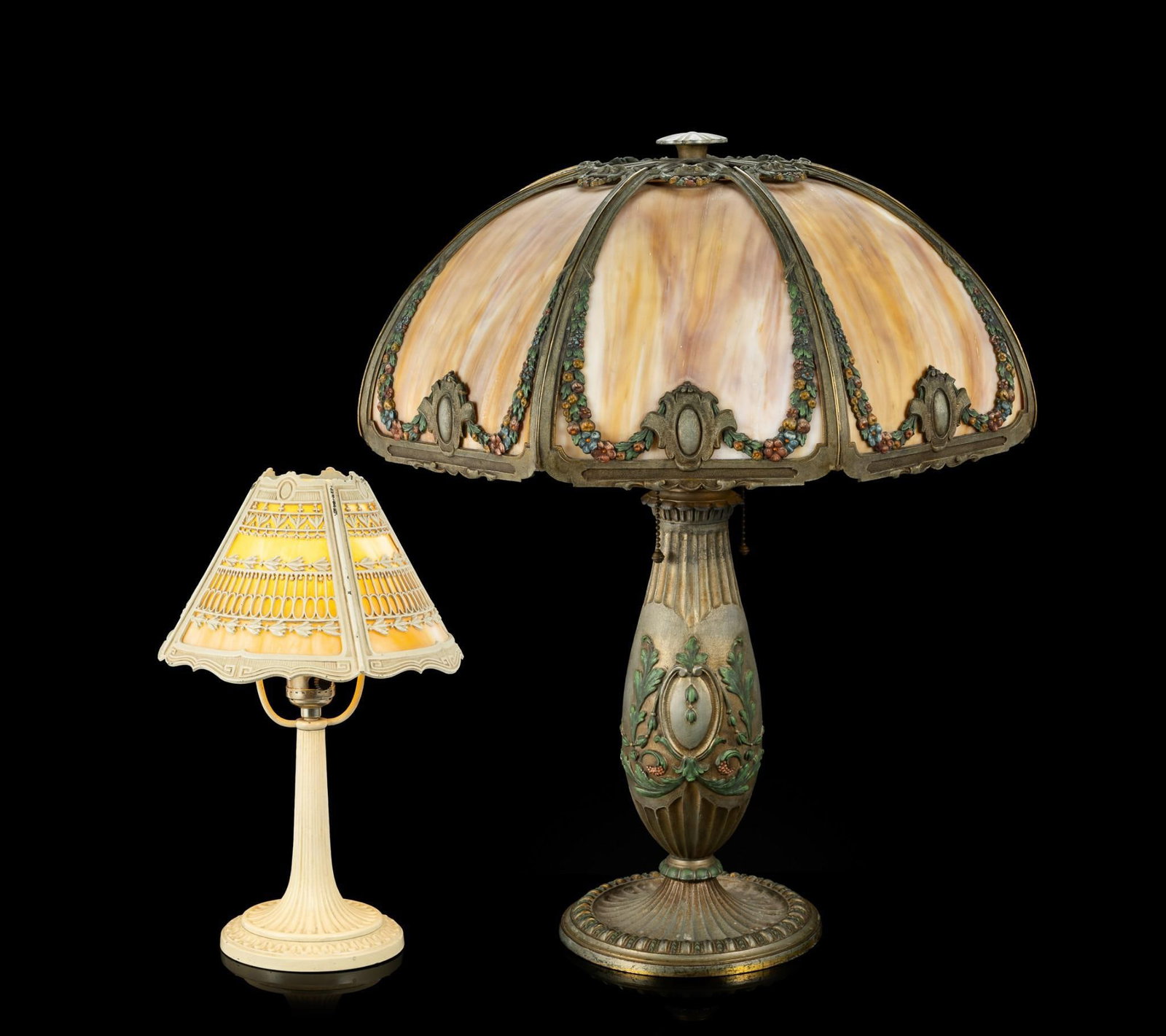 2 Antique Slag Glass Lamps: 1) 20th century Art Nouveau style slag glass table lamp. In good condition. Untested. Dimensions are ~21" in height, shade is 18-1/4" in diameter. 2) Neoclassical-style table metal lamp with glass sha