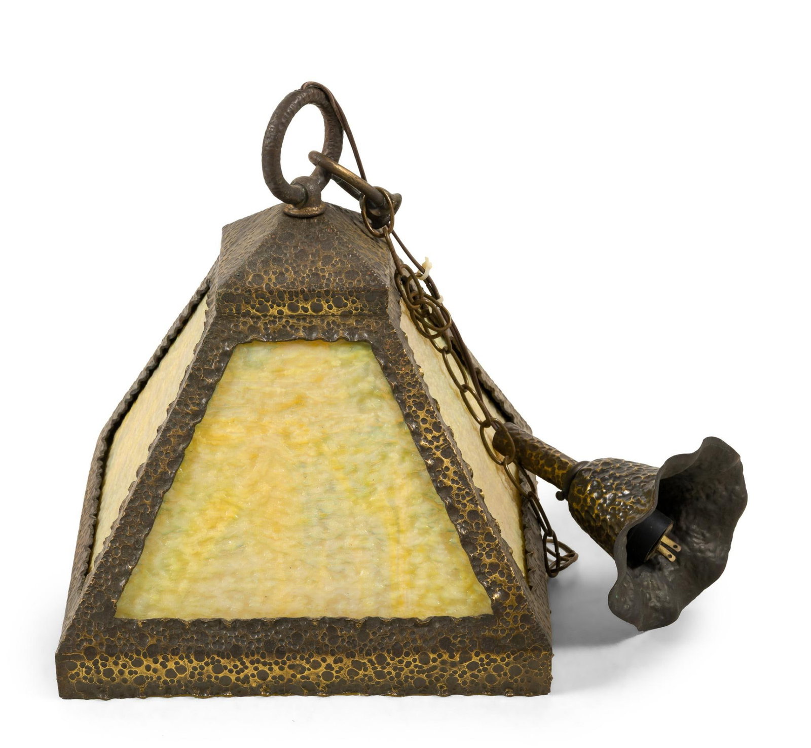 Arts and Crafts Hammered Brass and Slag Glass Hanging Fixture: The hanging fixture is 14" square by 16" height not including the chain and ceiling plate. It has modifications and missing parts including the power cord and chain which would not serve for corr