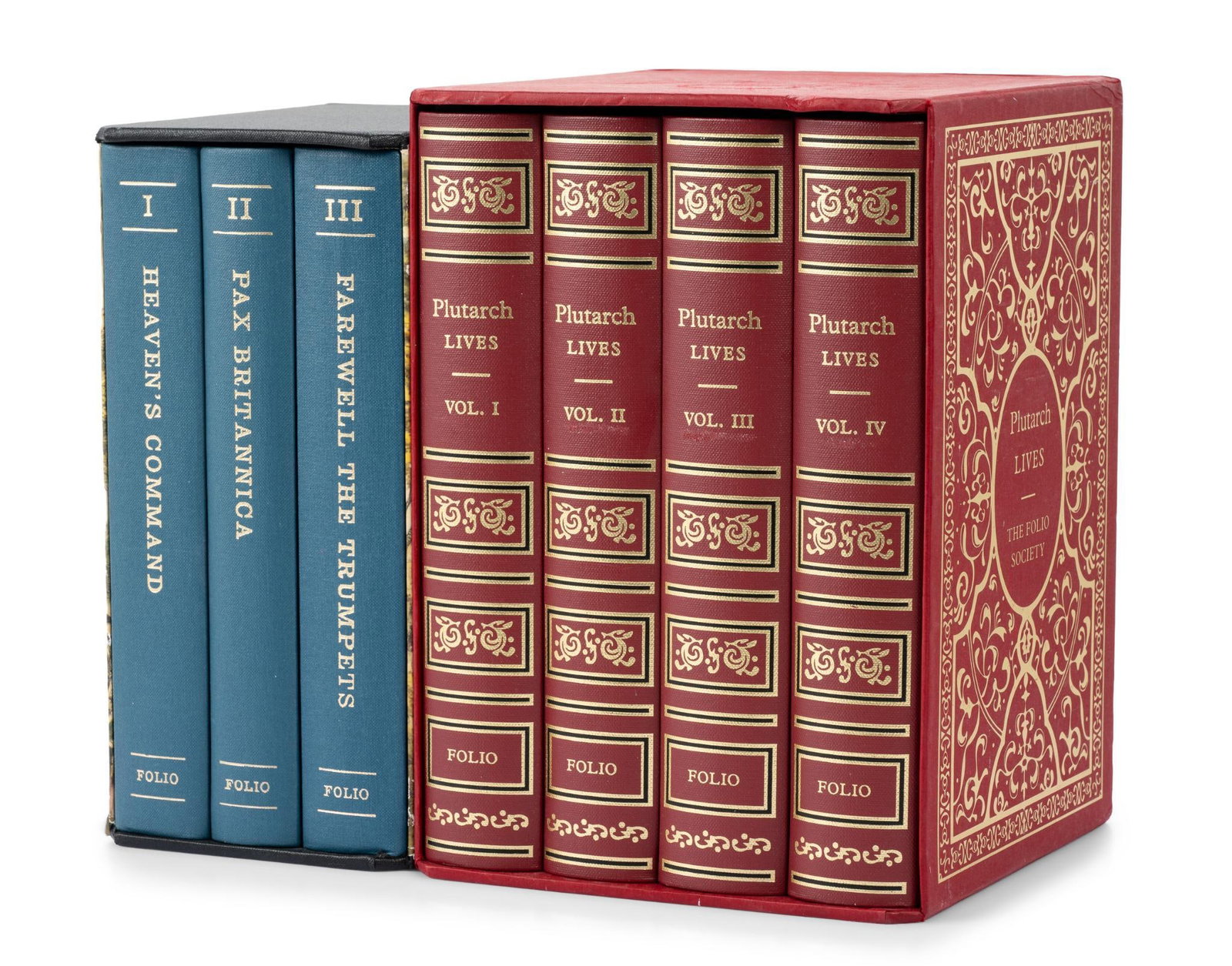 2 Folio Society Book Sets: Includes (1) Pax Britannica by James Morris. Reprinted in 1992. Includes Volumes I, II, and III. (2) Plutarch Lives edited by Arthur Hugh Clough and illustrations by David Rooney. Reprinted in 2011. I