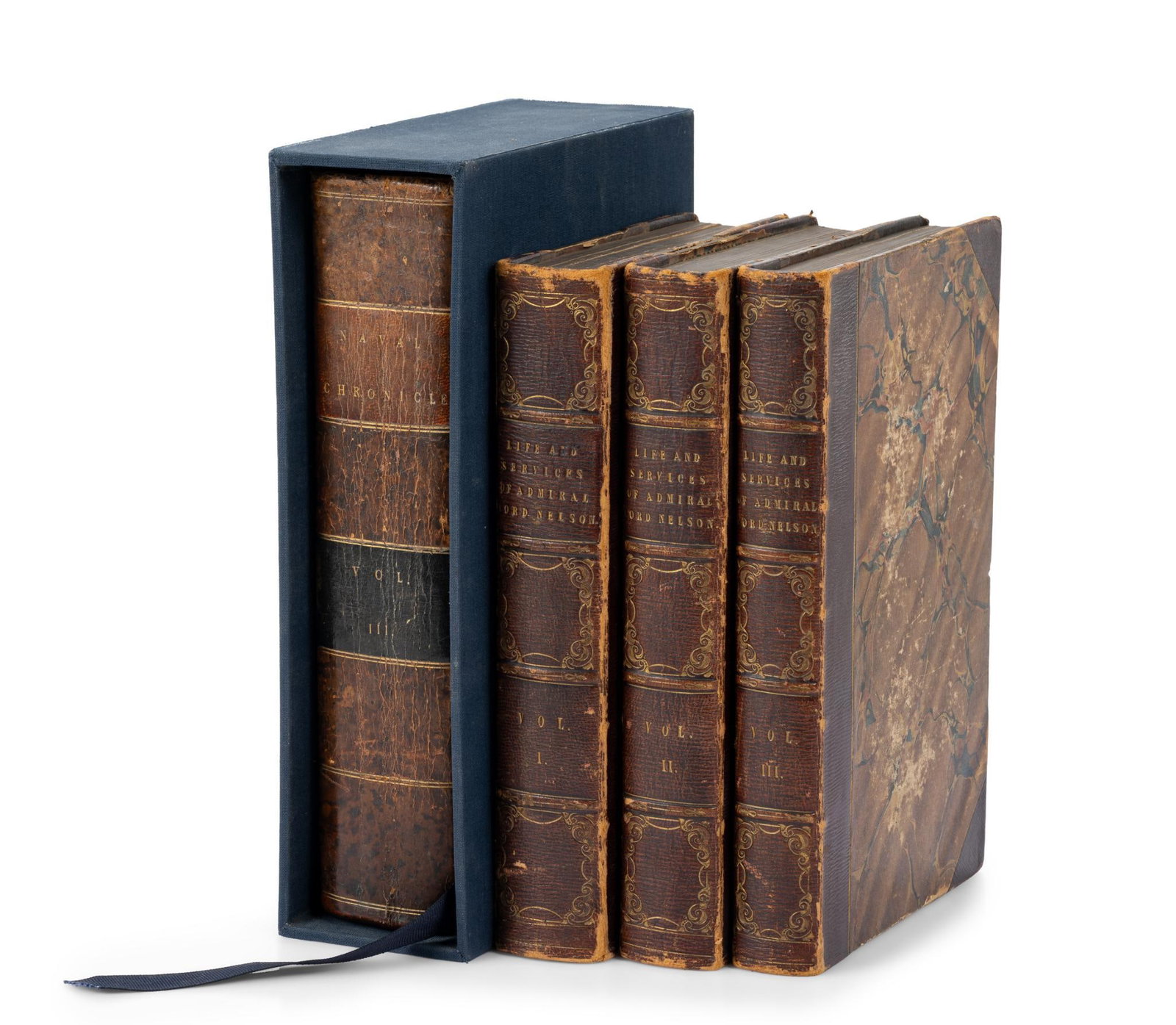 4 Antique Naval Books: Includes (1) Volume III of John Stainer Clarke & John McArthur's The Naval Chronicle, copyright 1800. and (2) Three Volumes Clarke and McArthur's Life and Services of Admiral Lord Nelson, copyright 18