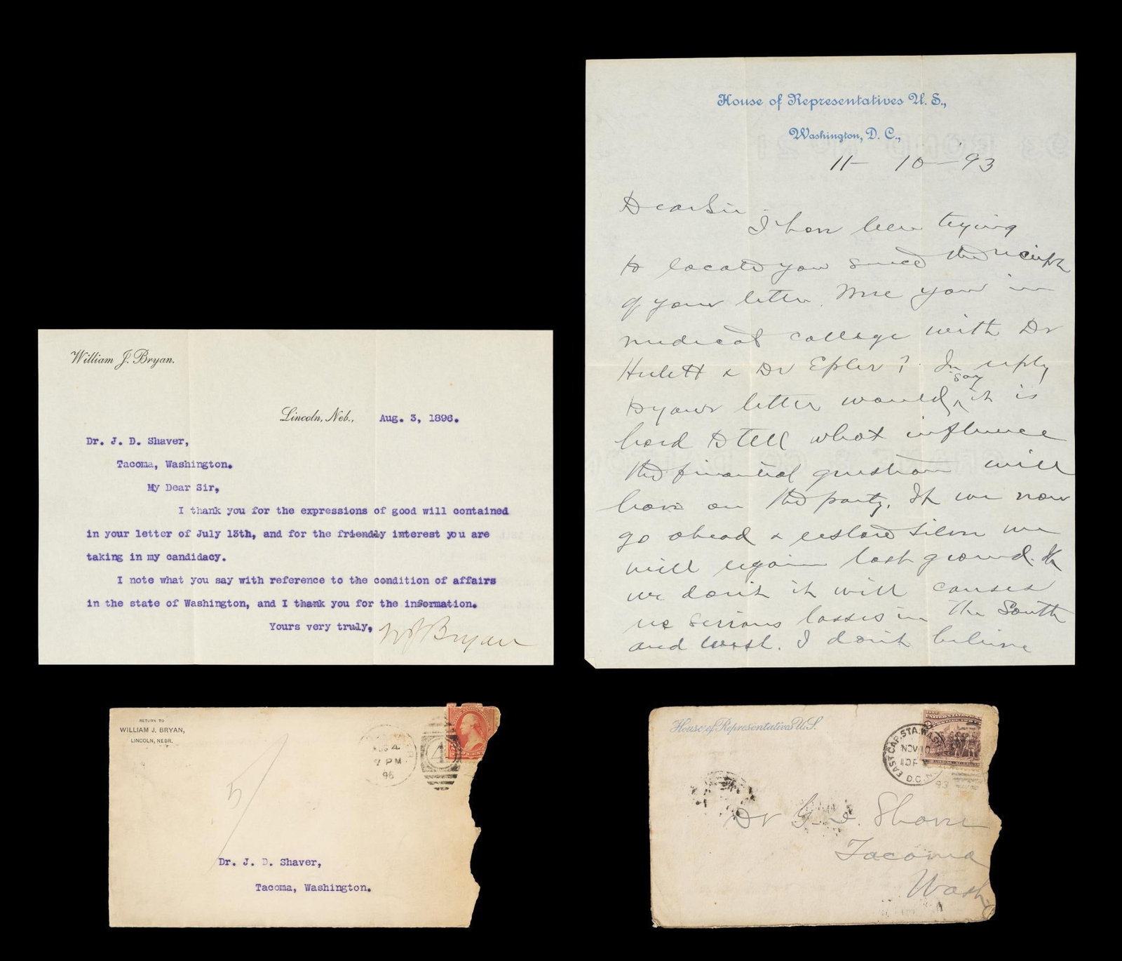 2 William Jennings Bryan Signed Letters: One typed thanking someone for his support during his 1896 election. Other handwritten on House of Representatives stationary. Both hand signed by William Jennings Bryan. He was an American lawyer, or