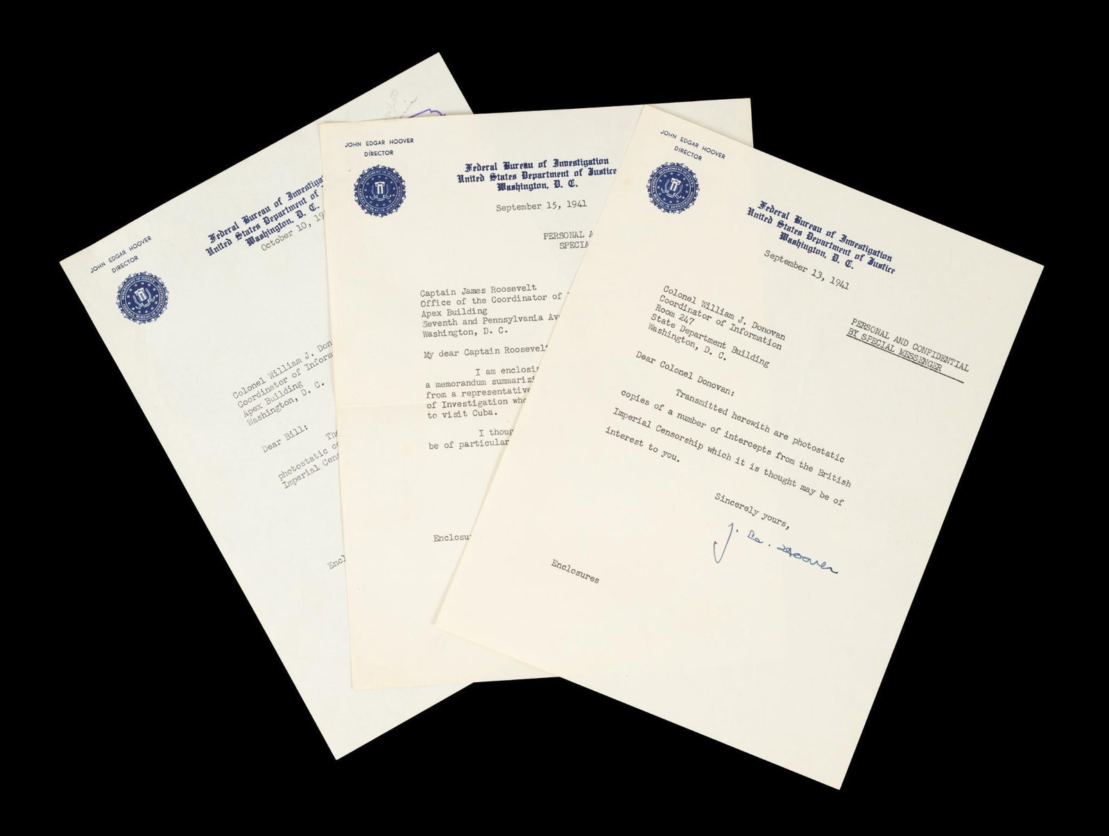 3 J. Edgar Hoover Signed FBI Letters: All typed on FBI stationary. Two addressed to Colonel William J. Donovan and one addressed to Captain James Roosevelt. Colonel William J. Donovan was an American solider, lawyer, intelligence officer 