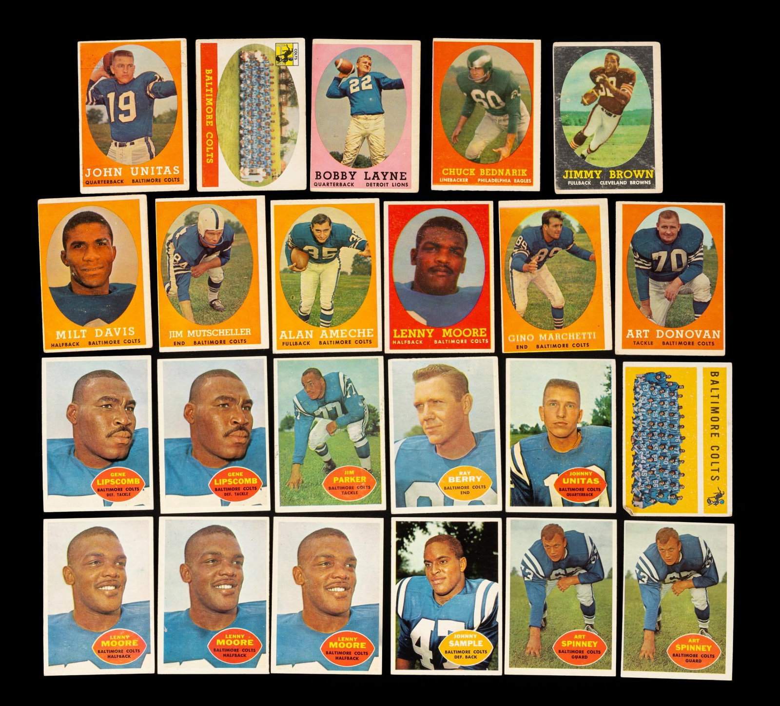 23 Vintage Football Trading Cards: Includes Art Spinney, Johnny Sample, Lenny Moore, Gene Lipscomb, and more. 