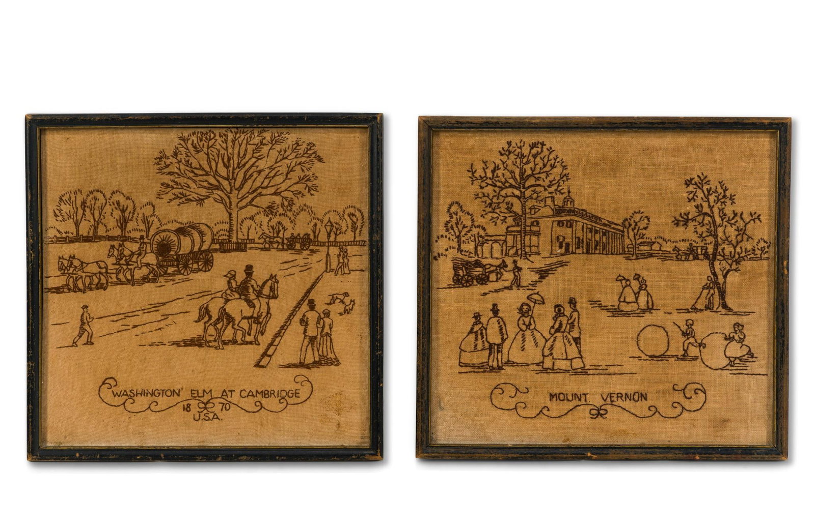 2 Stitched 19th C Views: Includes depiction of "Washington Elm at Cambridge 1870 U.S.A" and depiction of "Mount Vernon". Framed in modern frames, both in good condition. Dimensions for both framed are 12" x 21-1/4".