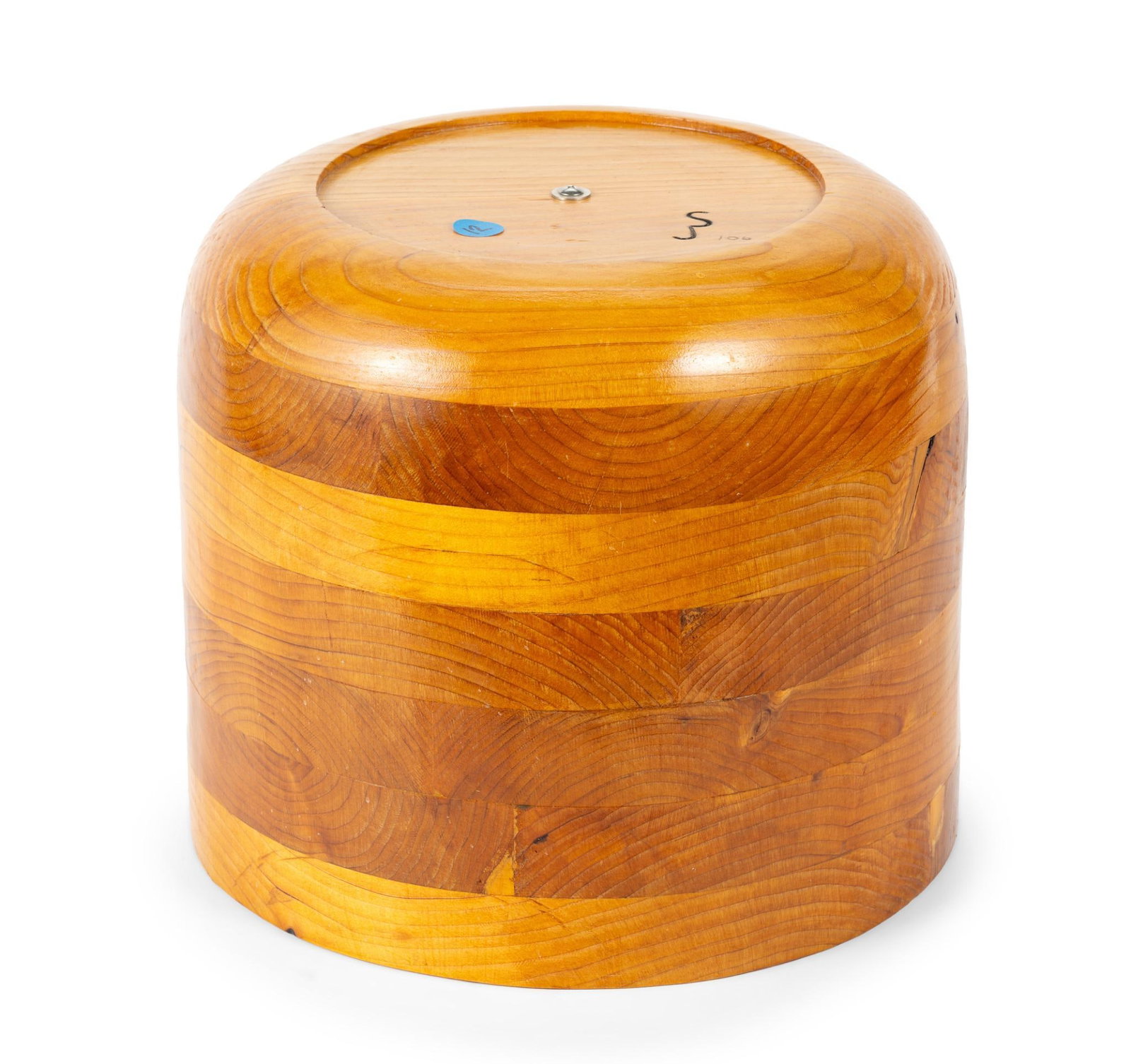 Large Nantucket Basket Round Mold: Vintage large Nantucket round molds of inlaid wood. Stamped with original makers mark "JS" Dimensions are 12"D x 10-1/4"H. Provenance: From the collection of veteran Jim Servia (1940–2023).