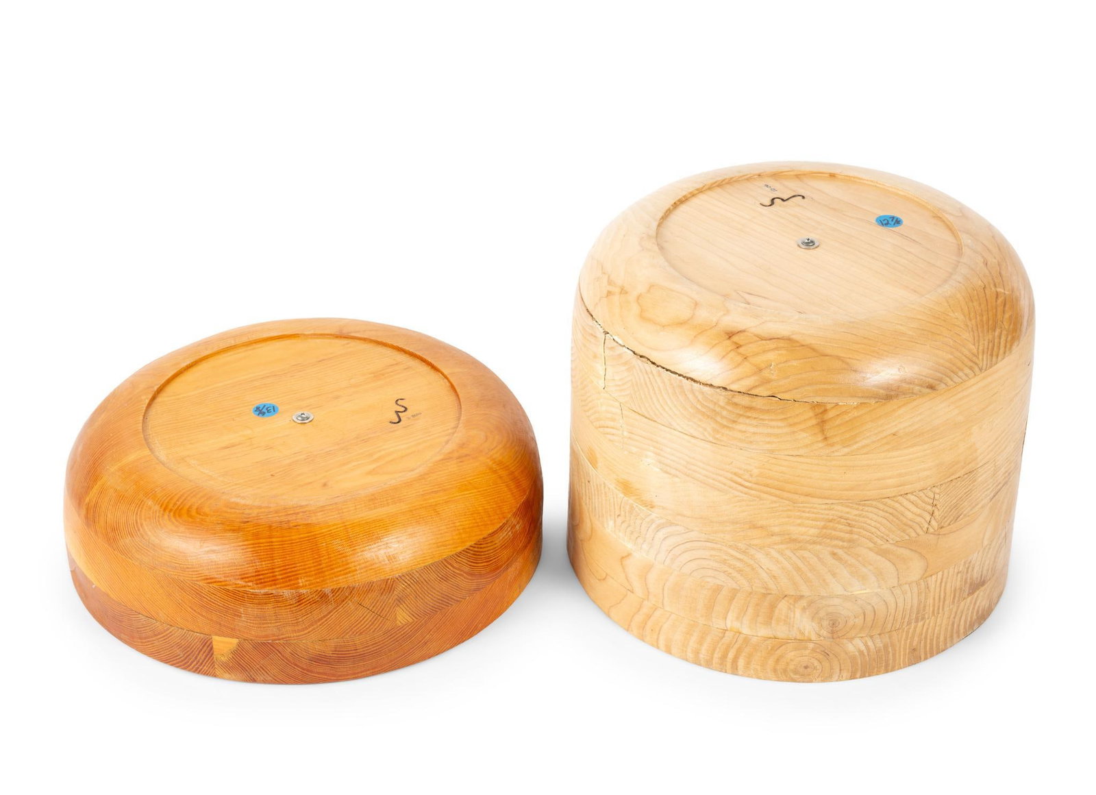 2 Large Round Basket Mold: 1 large round basket mold that contains cracks in the wood. Measures ~13"x 10-1/4". 1 large round basket mold in fair condition. Measures 13-3/4" x 4-1/4". Both contain the original owners maker mark