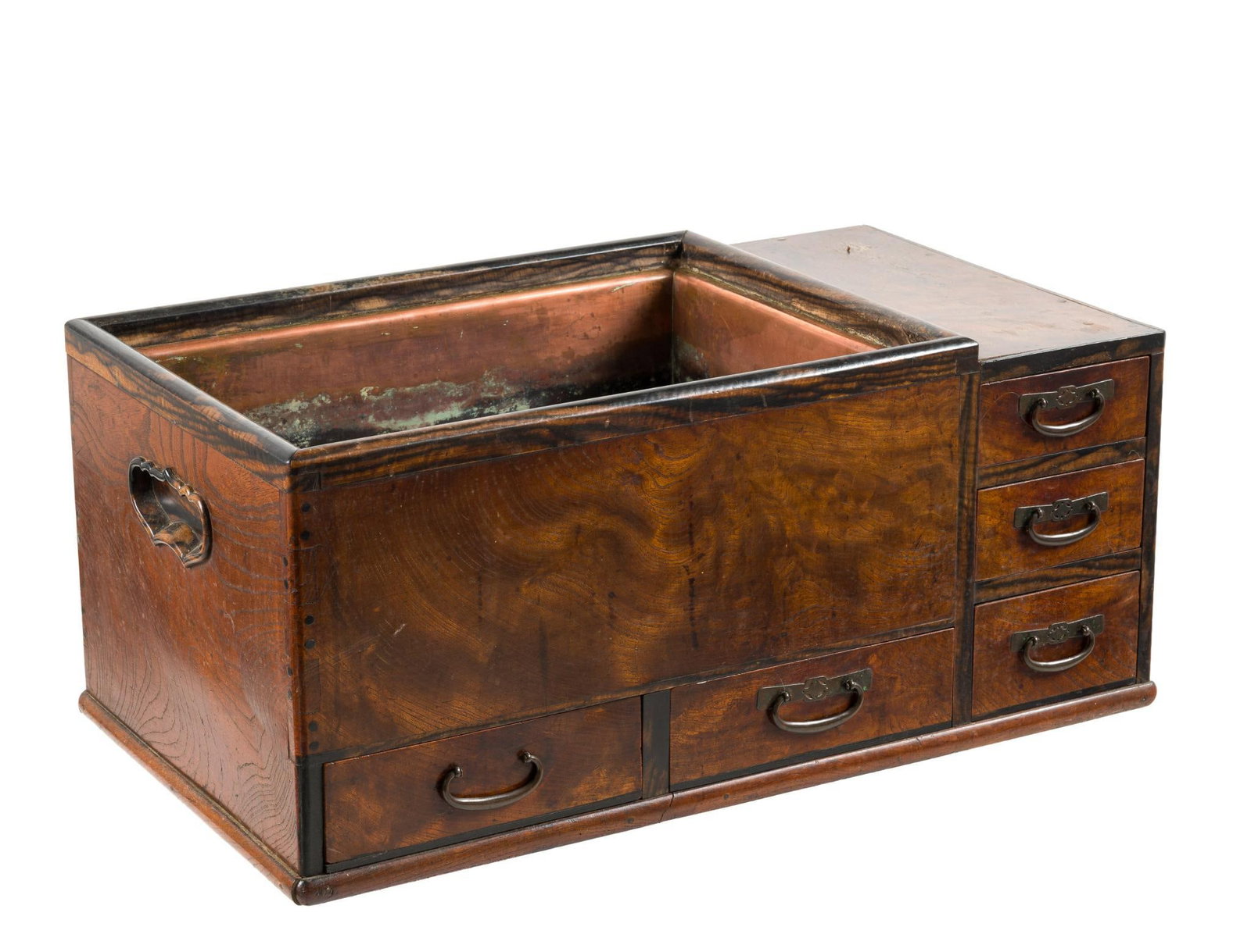 Antique Japanese Hibachi Multi-Drawer Cabinet: With original copper liner and five drawers. Late 19th to early 20th century. 28-1/2" wide x 16" deep x 12-3/4" high.