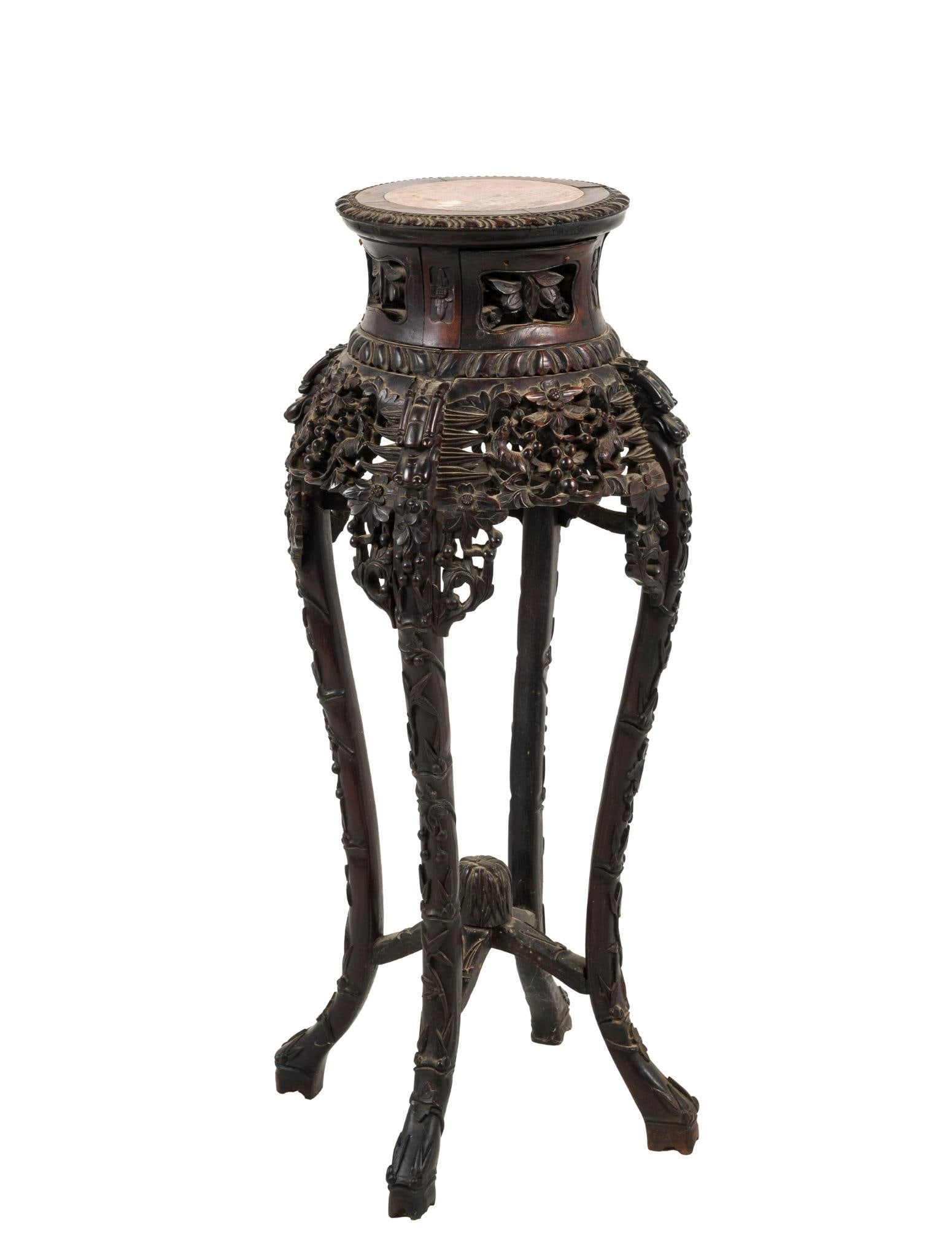 Chinese Marble Top Rosewood Carved Plant Stand: Carved with botanical design. 14-1/4" wide x 14-3/4" deep x 38" high. 