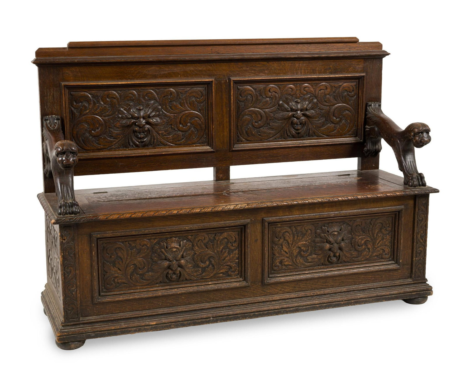 Jacobean Revival Carved Hall Storage Bench: Circa 1890s. Lion carved armrests and back panels. Monogrammed on the seat. Plaque on inside of the drawer marks the use in the Columbian Exposition for the New Century Club. The New Century Club (Wil