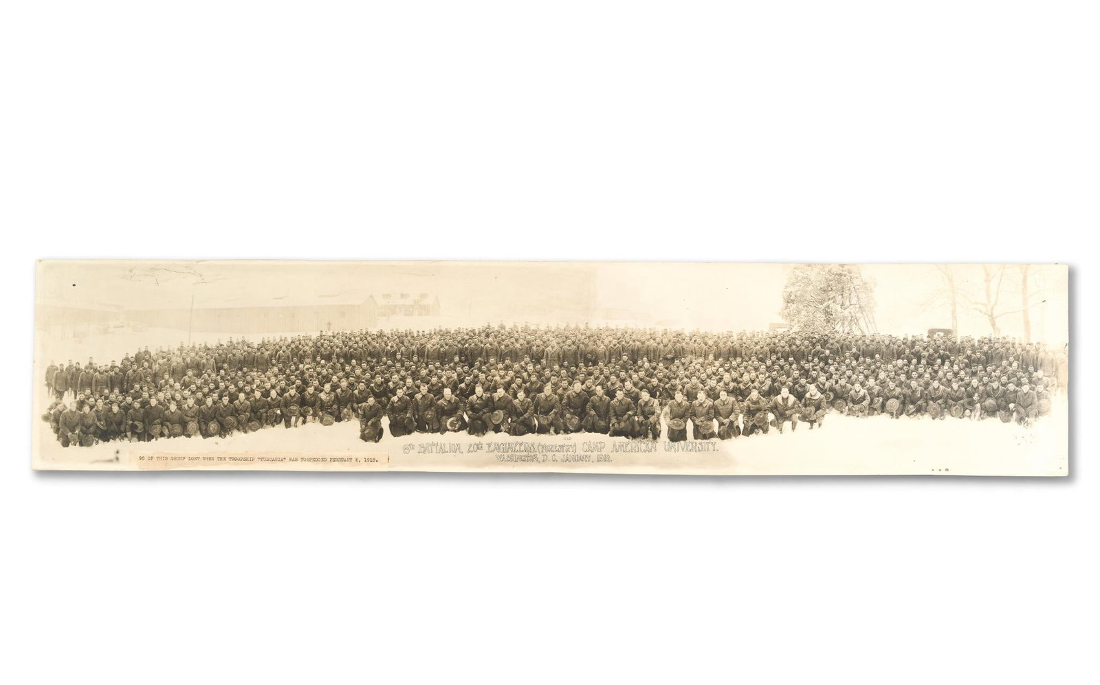 WWI Panoramic Photo of 6th Battalion: Panoramic photo of the 6th Battalion, 20th Engineers (Forestry) Camp American University Washington D.C. September 1918. Belonged to Shelby Davies. Separately affixed to the front of the photo is a ty