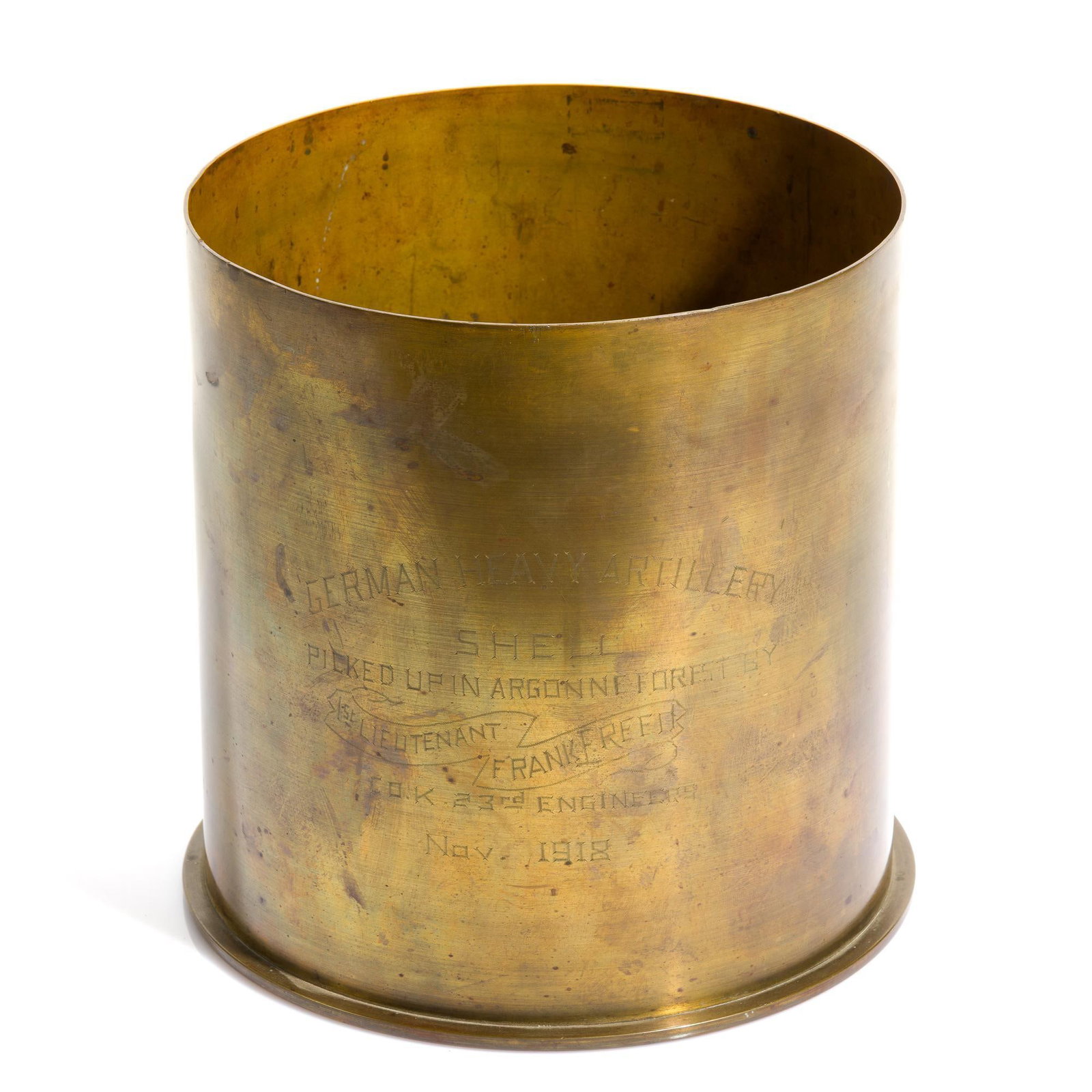 WWI German Howitzer Shell Trench Art: Brought home by 1st Lieutenant Frank E. Reed (1883-1946), 23rd Engineer Regt. The 21cm Howitzer was a Krupp design introduced in 1916. It weighed over six tons and had to be broken down into two horse