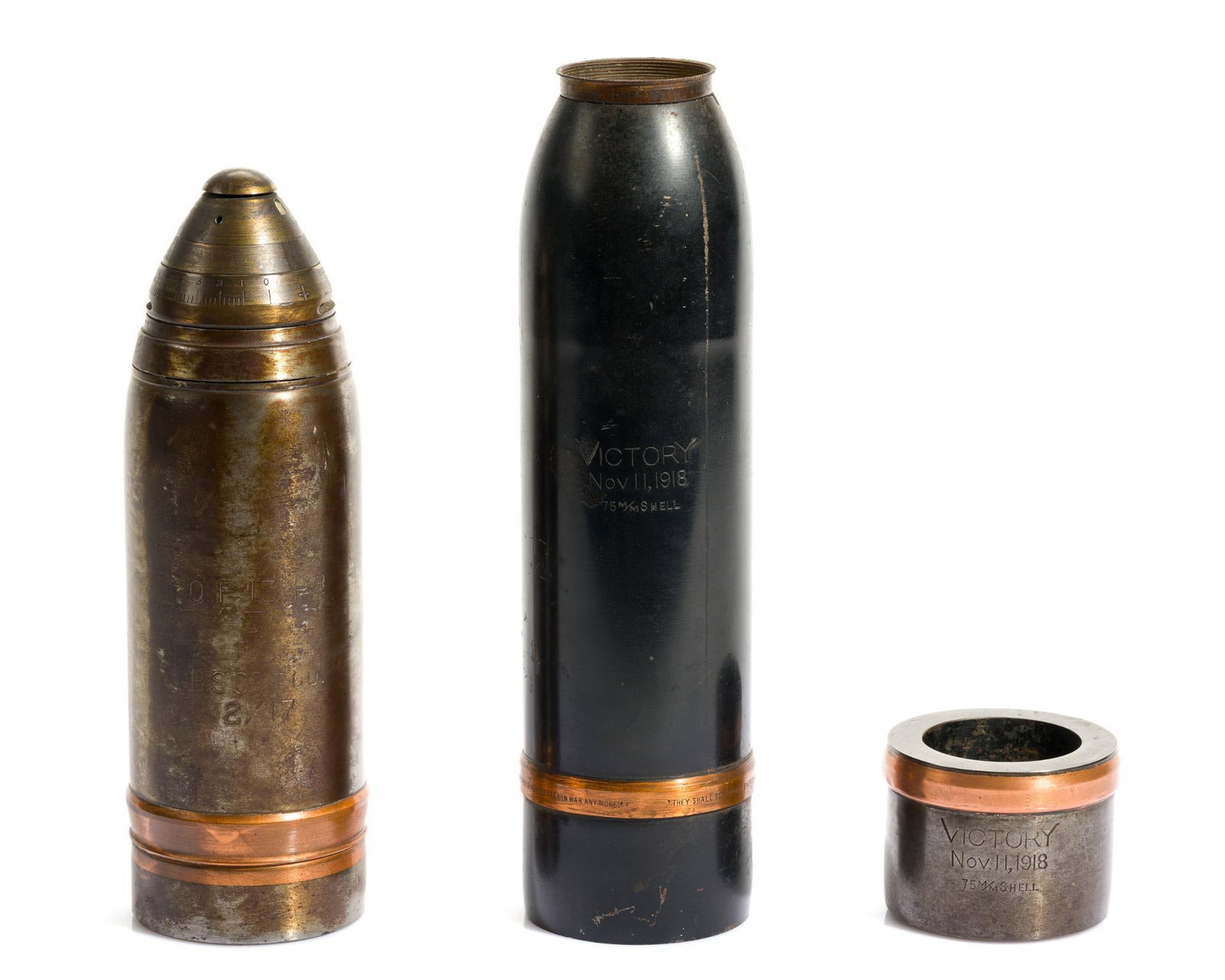 3 WWI Trench Art Shells: Includes (1) Made from a 75mm shell recovered from the explosion of the T.A. Gillespie Loading Plant, Morgan, N.J., October 4, 1918. The Gillespie Plant was the largest shell-loading plant in the U.S.
