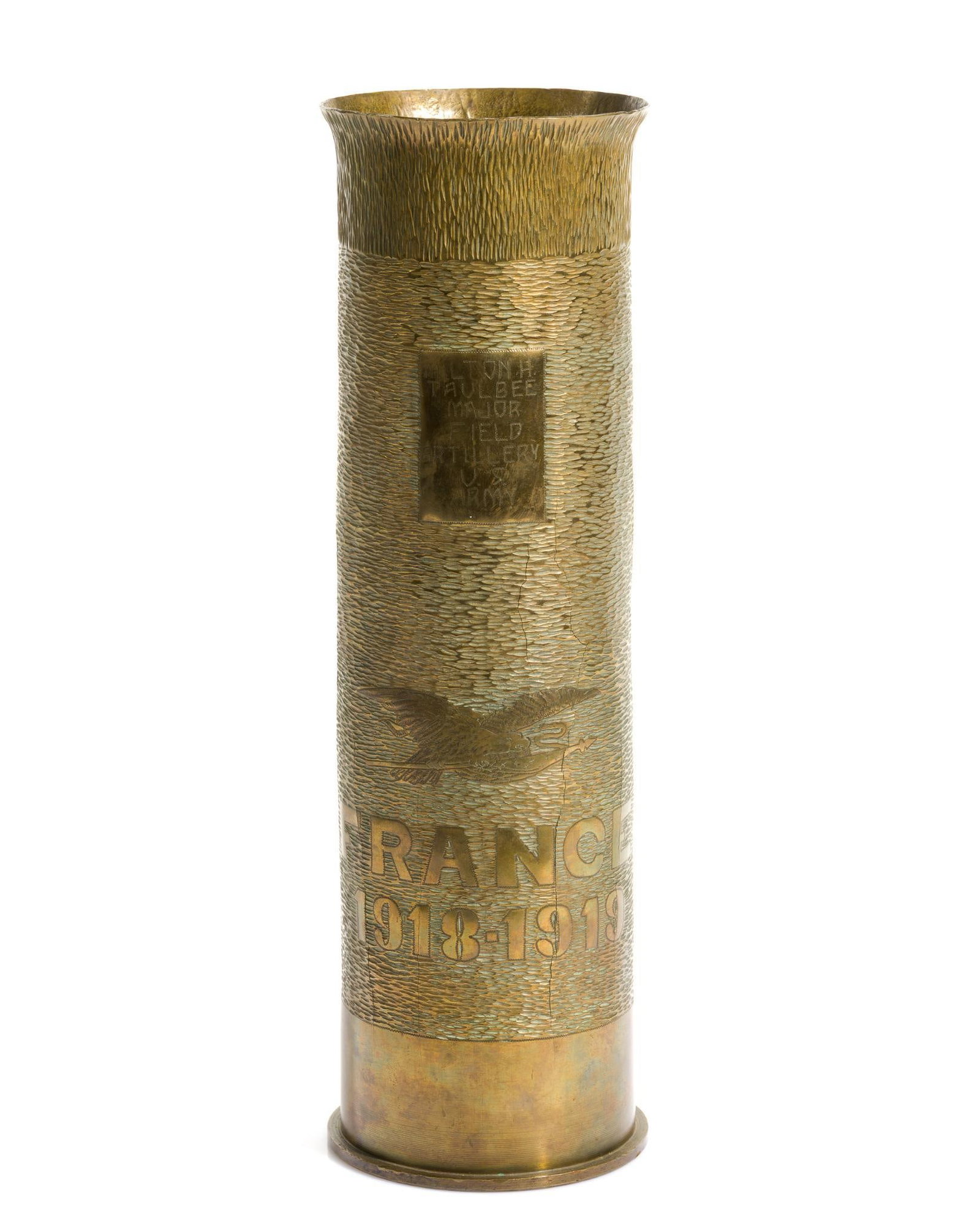WWI Trench Art Vase: Belonged to Major Milton T. Taulbee (1882-1952), Field Artillery. Taulbee was born in and lived most of his life in Kentucky. His father was William Preston Taulbee (1851-1890), a U.S. congressman, wh