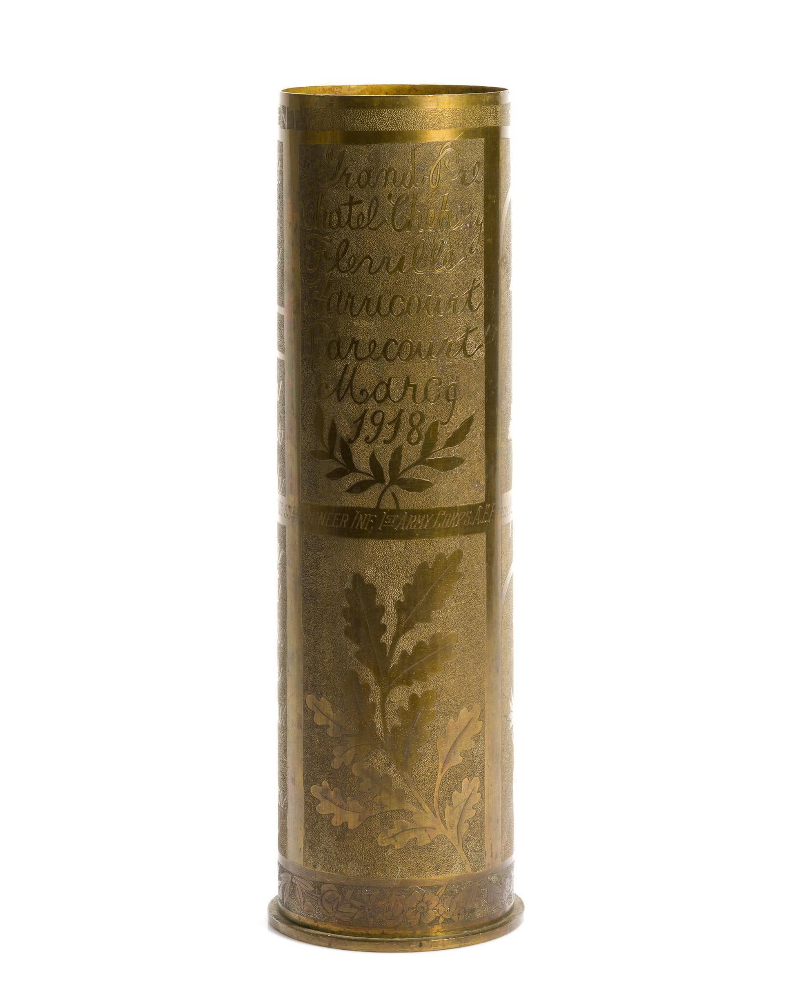 WWI Trench Art Presentation Shell: Engraved on band around middle of shell: "PRESENTED TO COL. C.H. ENGLESBY COMMANDING 53rd PIONEER INF. 1st ARMY CORPSAEF FROM MEMBERS OF HIS COMMAND." The shell has list of the 59th Pioneers engagemen