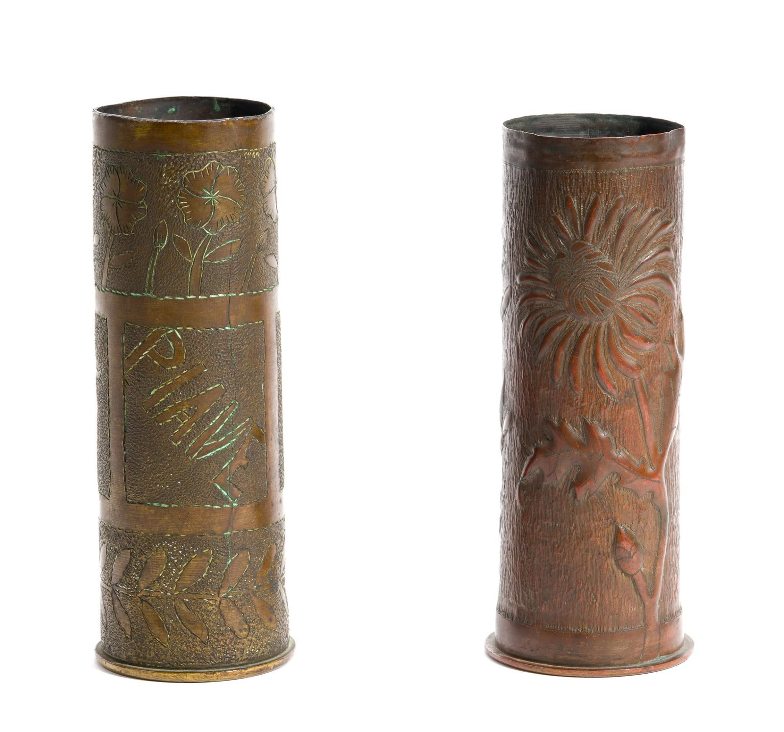 2 WWI Trench Art Shells: Includes (1) Belonged to an unknown American Red Cross worker in Italy in 1918. Prior to sending troops overseas in great numbers in mid-1918, many men anxious to get involved in the War volunteered t