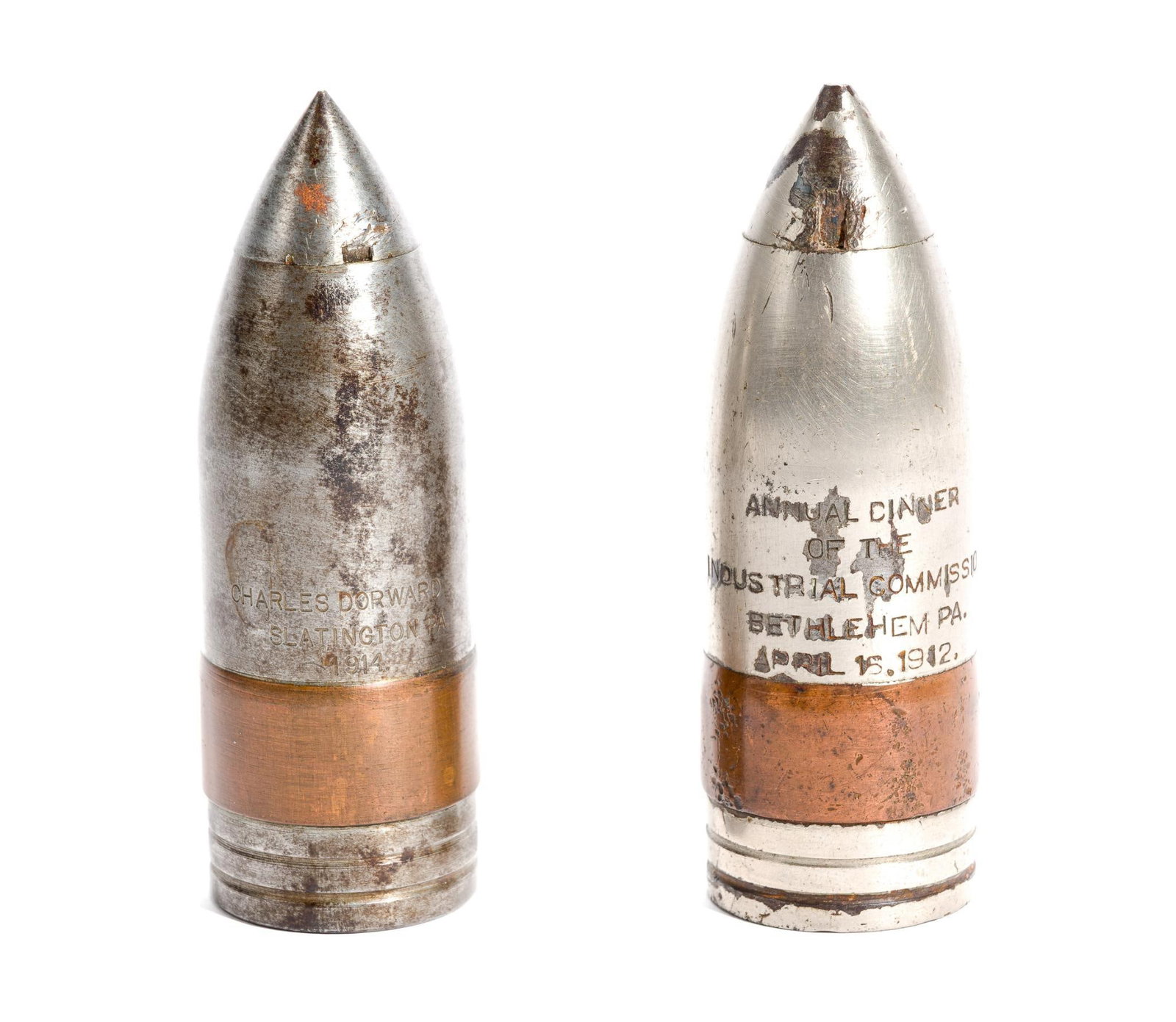 2 WWI Trench Art Shells: Includes (1) Shell projectile that belonged to Charles Sylvester Dorwood (1875-1937). Dorwood was born in 1875 in Newside, PA, but relocated in 1902 to Slatington, PA, where he lived the rest of his l