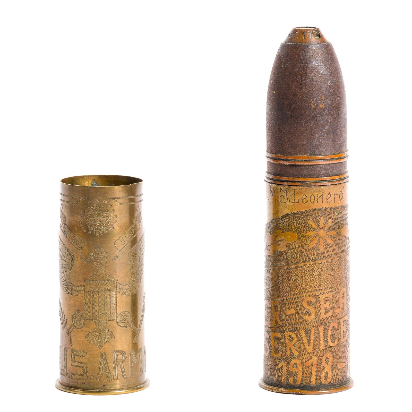 2 WWI Trench Art Shells: Includes (1) Trench art shell that belonged to Adolph A. Vogel (1875-1937) who served in Co. H, 127 Infantry during WWI. He was reported as "slightly wounded" towards the end of the war. Made from a F