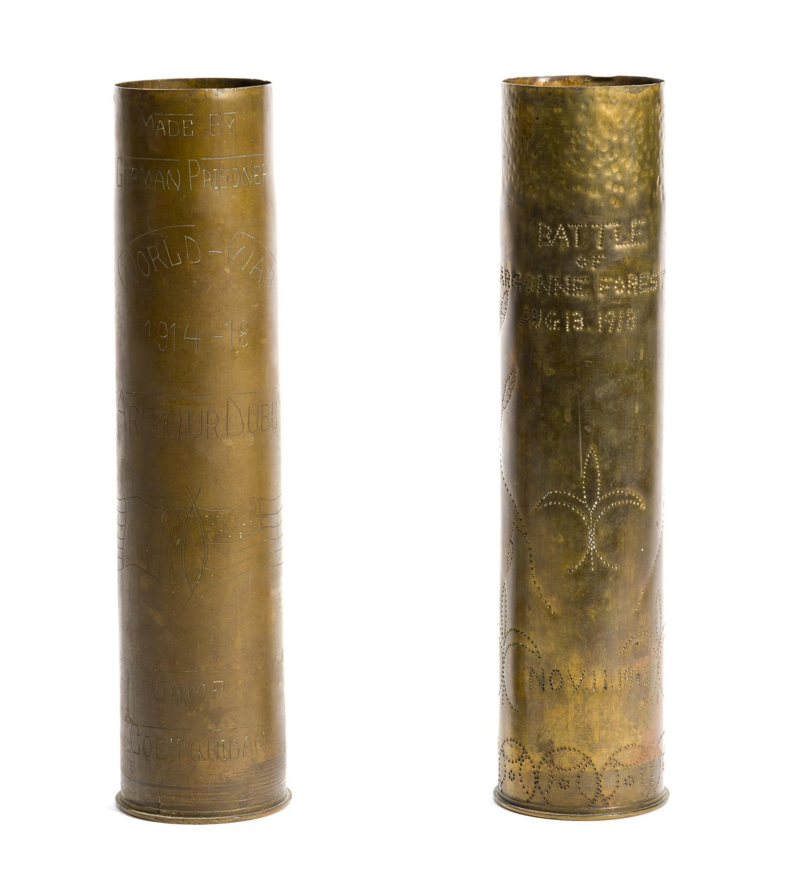 2 WWI Trench Art Shells: Includes (1) Trench art shell made by German P.O.W. from 75mm brass shell made in 1917 by NYAB (New York Air Brake Co). Belonged to Arthur Dube of Springfield Mass who served as a Pvt. 1st Class in th