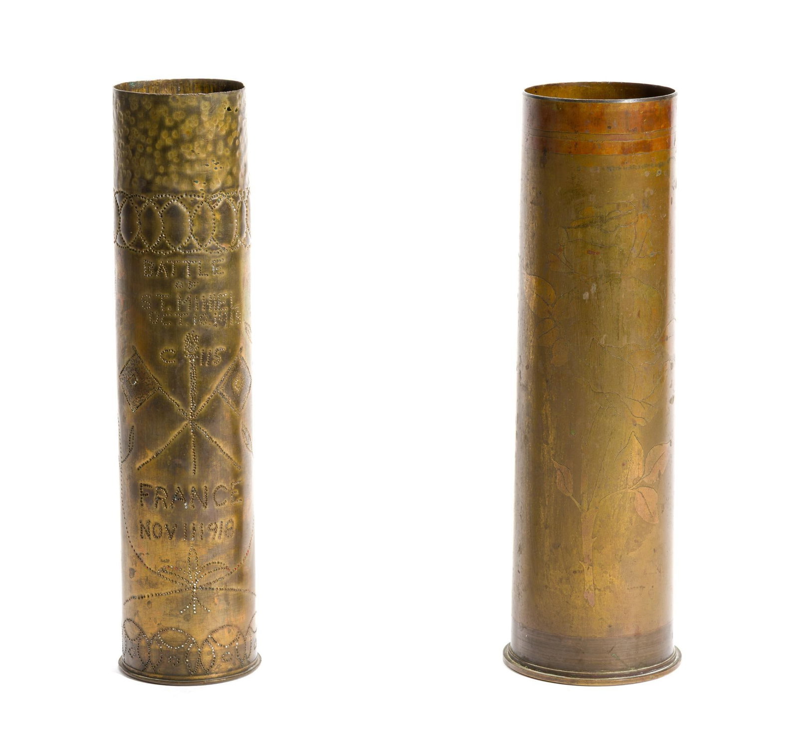 2 WWI Trench Art Shells: Includes (1) Trench art shell vase that belonged to Flod F. Goltzbach (1892-1970). Made from French 75mm shell case. PFC Glotzbach served in France in Company C, 115th Field Signal Batallion who spent