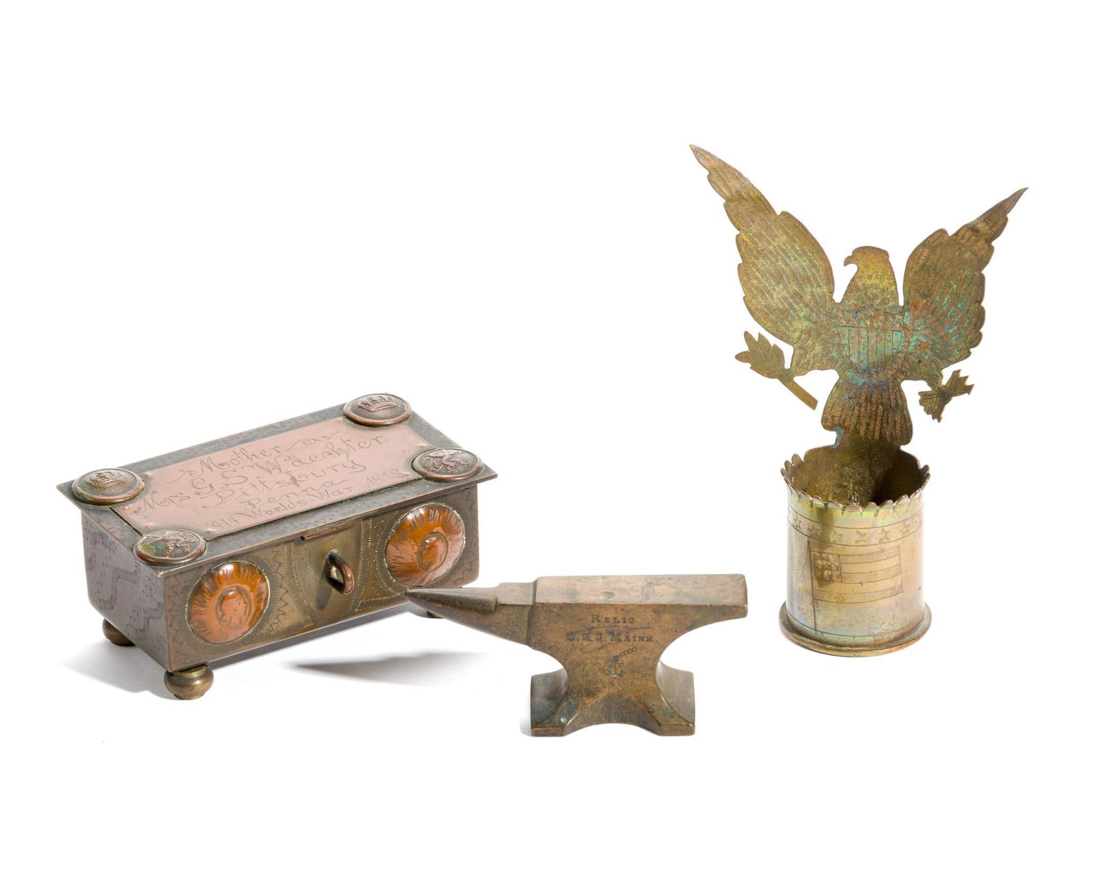 3 WWI Trench Art Souvenirs: Includes (1) Trench art jewelry box. Made by first Lt. Harry Owen Waechter (1891-1963) for his Mother. Waechter was born in Pittsburgh. He settled in the Fort Wayne Indiana area and was working for th