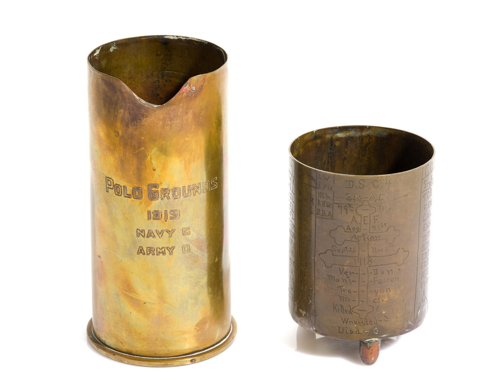 WWI Trench Art Pitcher & Cup: Includes (1) Trench art trophy cup that is a register/roster of the members and WWI service of Co. M, 314th Ambulance Co., 79th Division, as of April 1919. It is entirely hand-engraved. The main panel