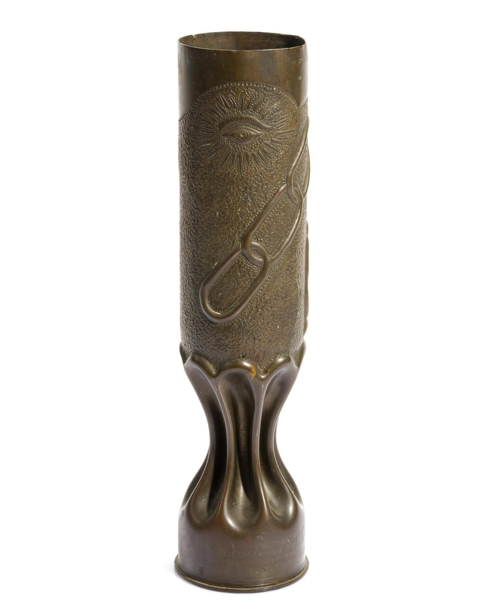 WWI Trench Art Shell Vase: Presented to Tully Lodge No. 136, International Order of Oddfellows, by Lt. Waldo S. Ellinwood (1885-1975) Quartermaster, Supply Co., Quartermaster Corps, 104th Inf. Regt, 26th Inf. Division. Ellinwoo