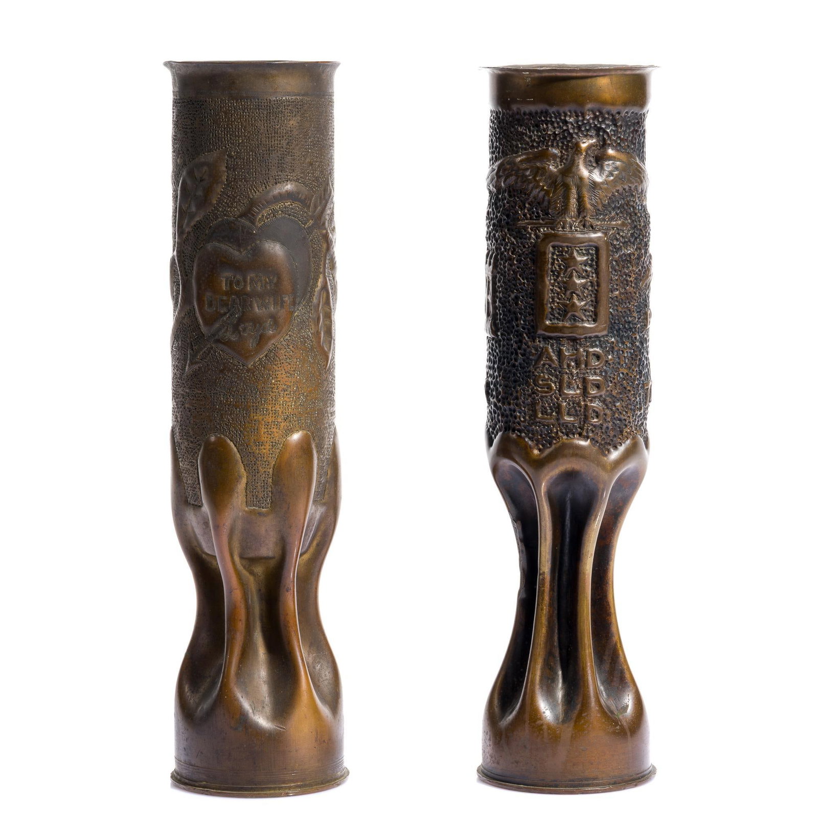 2 WWI Trench Art Shells: Includes (1) Art trench shell vase that belonged to Capt. Lloyd K. Magley (1893-1923), Veterinary Corps. In August 1917, Magley enlisted in the Army and received a commission as second lieutenant in t