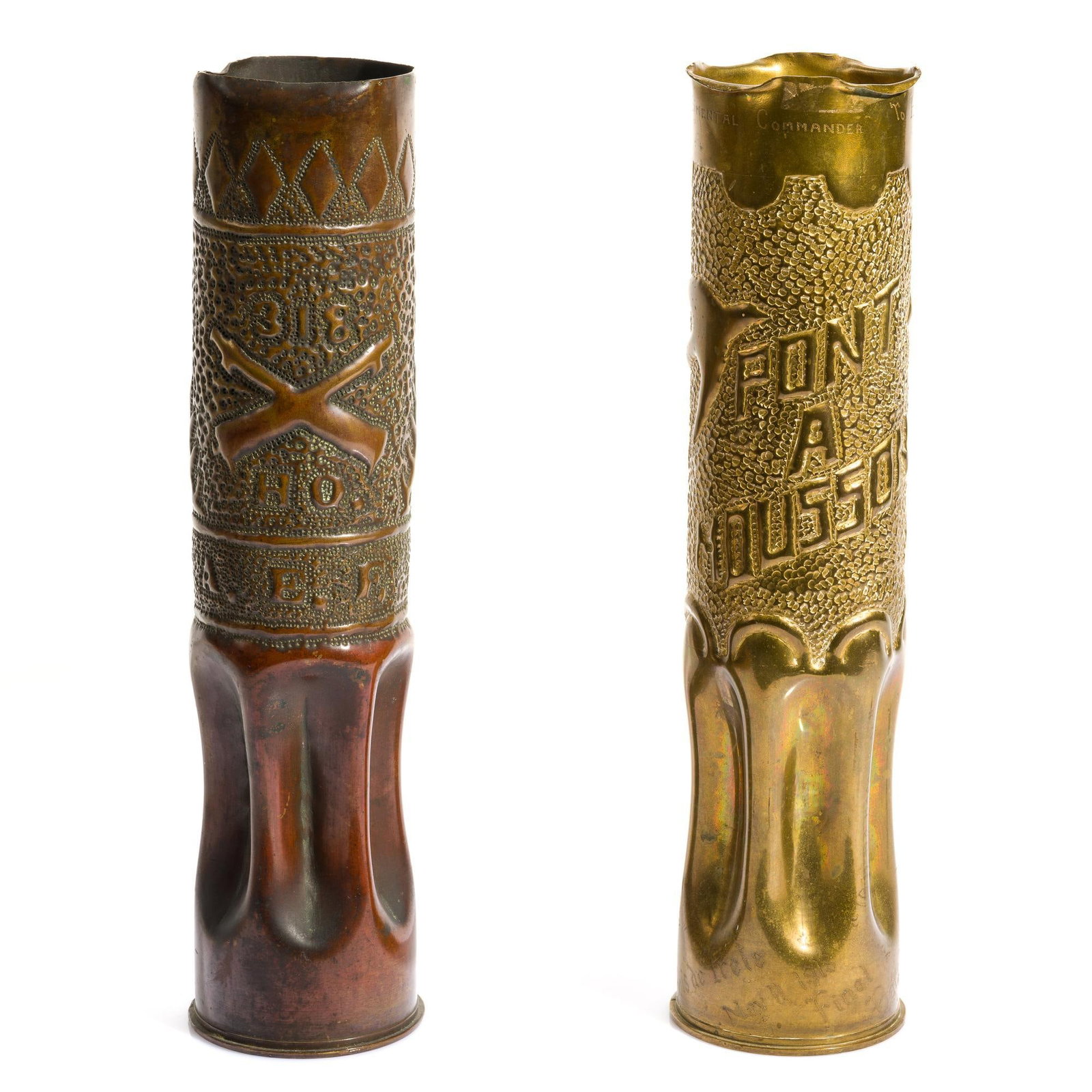 2 WWI Trench Art Shell Vases: Includes (1) Engraved around the top "Presented to Hon. F.W. Cane Bogata/N.J. with the compliments of the Regimental Commander." Embossed on the side "PONT A MOUSSON" and engraved "328th F.A."