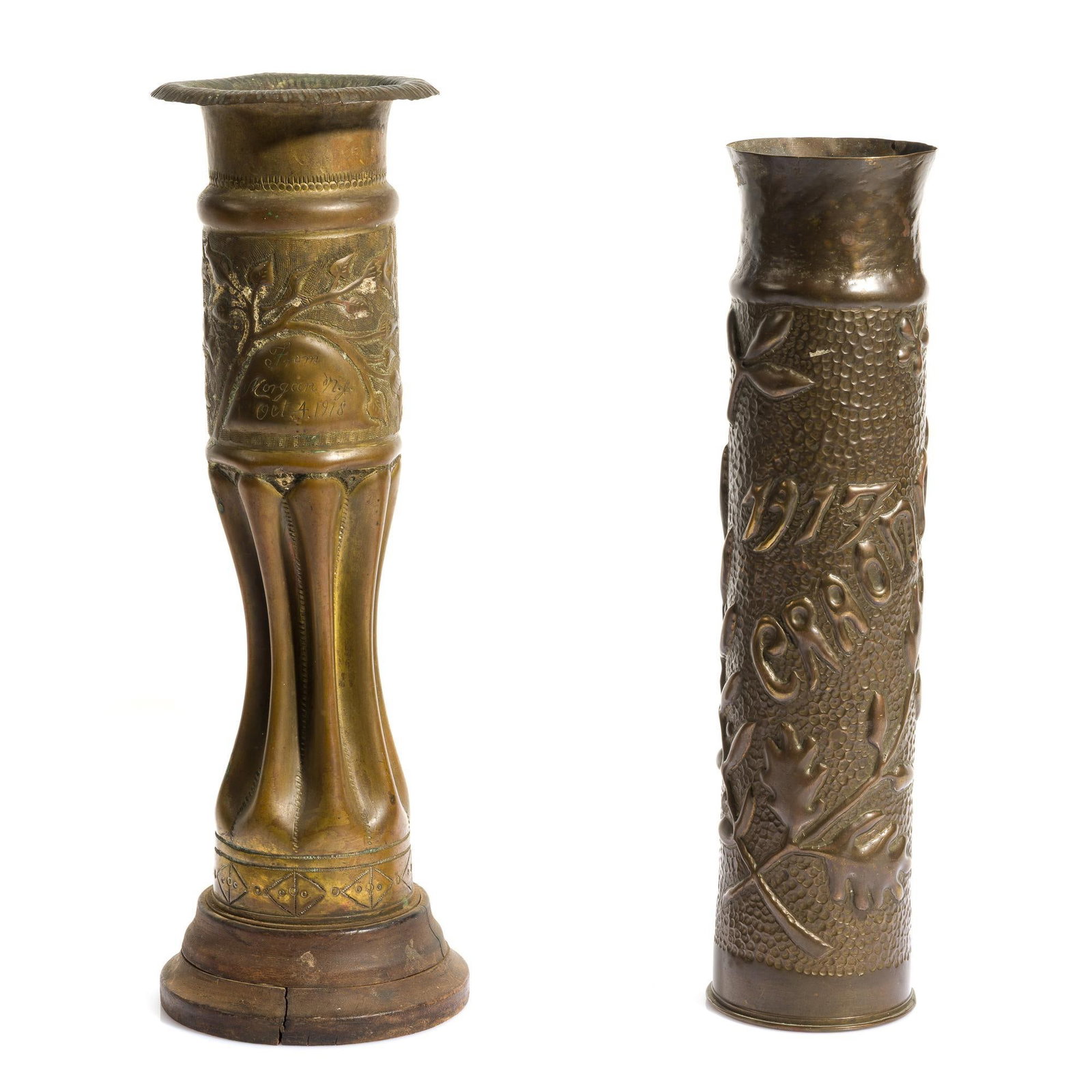 2 WWI Trench Art Shells: Includes (1) Trench art vase made from a 75mm brass shell case salvaged from the ruins of T.A. Gillespie Loading Plant, Morgan, N.J. after its explosion on October 4, 1918. The Gillespie Plant was the