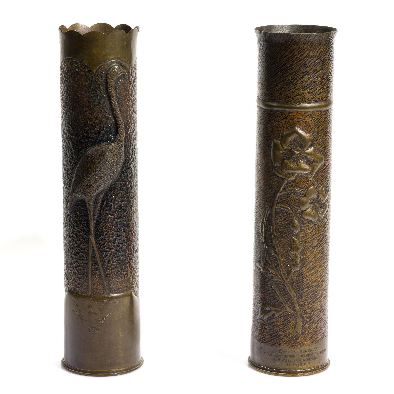 2 WWI Trench Art Shells: Includes (1) Belonged to Emerson Wallace James (1892-1972). James, a native of Port Henry N.Y. was a volunteer ambulance driver in the American Field Service, Section S.S. U. 71, in France for 3 month