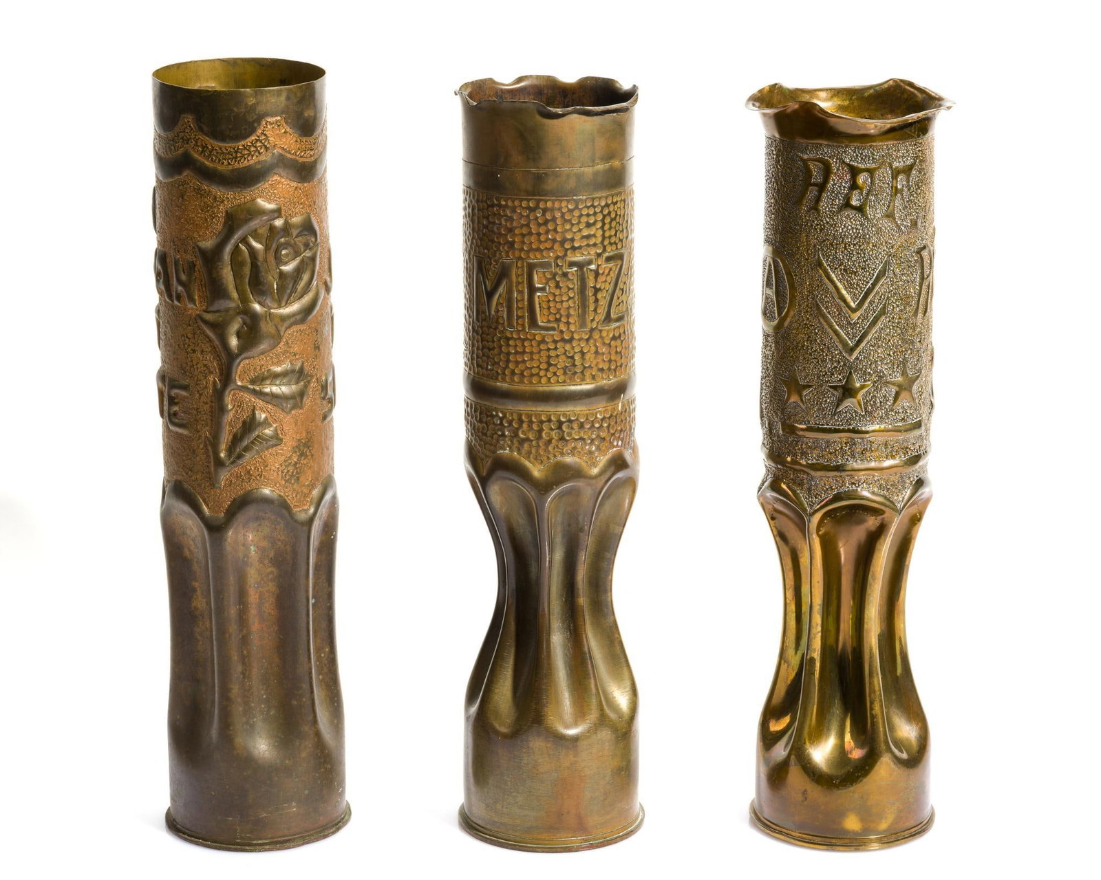 3 WWI Trench Art Shell: Includes (1) Trench art shell vase for Pvt. Fred C Wright (1892-1966), Co. F. 803rd Pioneer Infantry Regiment. Wright was born in Maryland and at the outbreak of the war lived at McKeesport, PA and