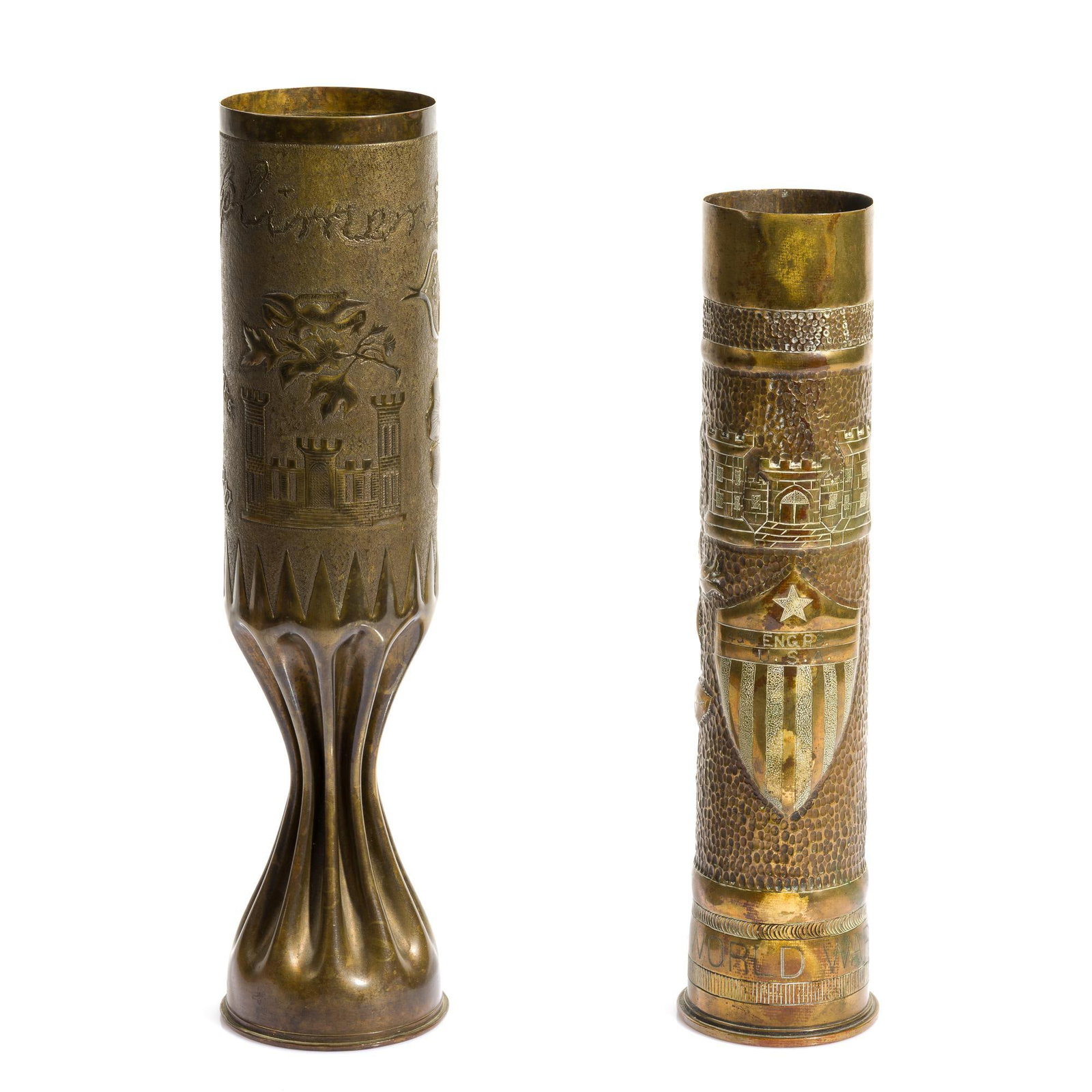2 WWI Trench Art Shell: Includes (1) Trench art shell made by Corp. Antonio Delorenzo, 45th Angineers from a British 6 pounder brass shell dated 1918. Shell has embossed castle insignia of the Corps of Engineers above an