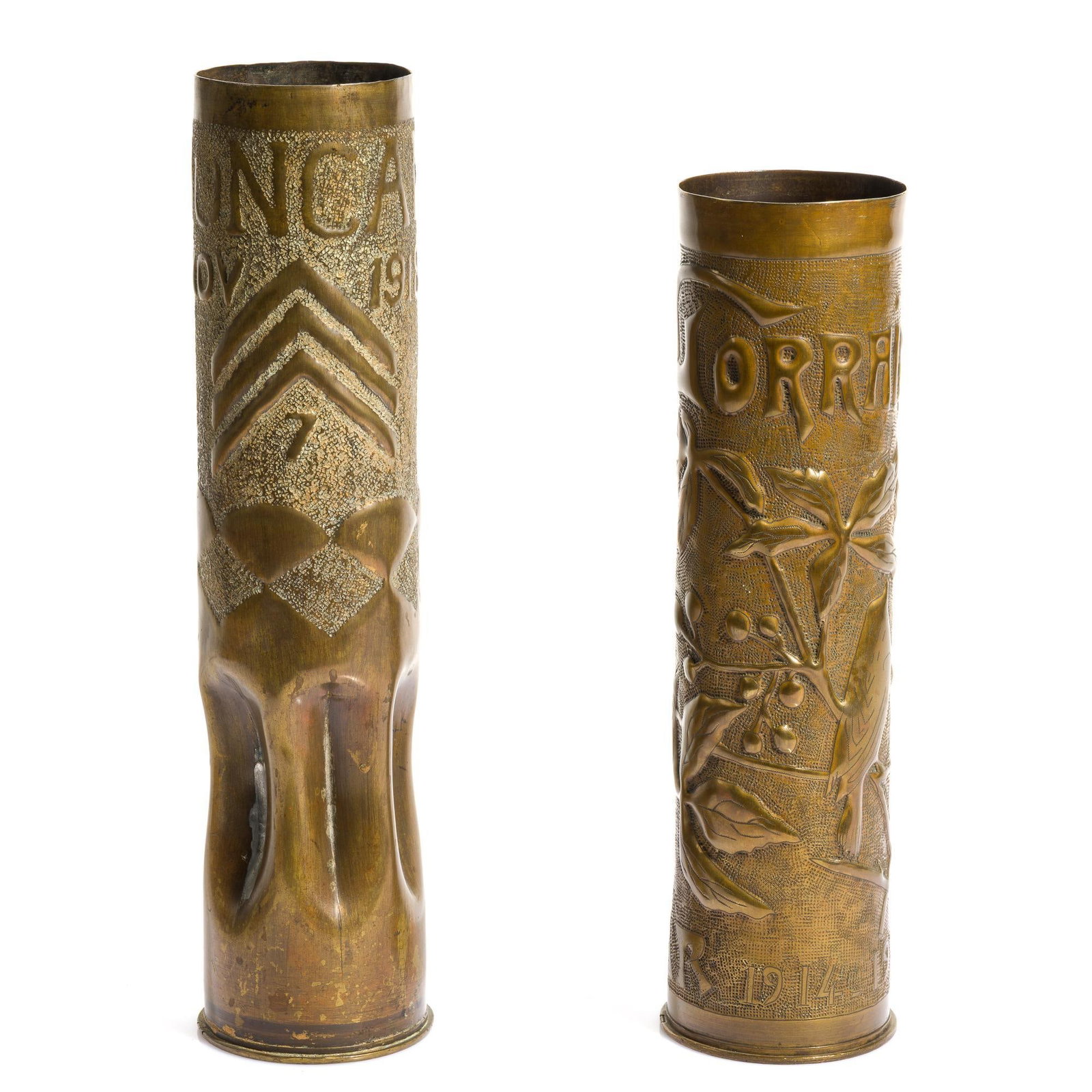 2 WWI Trench Art Shells: Includes (1) Trench art shell vase that belonged to Sgt. Harry W. Duncan (1888-1951), Battery F, 318th Field Artillery Regt., 81st Inf. Division. He served in the Army from September 1917 until June