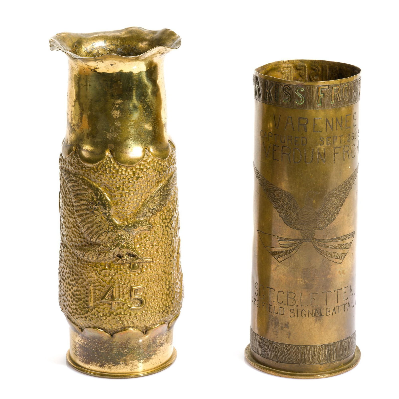 2 WWI Trench Art Shells: Includes (1) Trench art shell vase that belonged to Sgt. Charles B. Letten (1894-1953), Co. C, 322nd Field Signal Battalion, 97th Division. After enlisting in the Army in 1917, Letten was assigned to