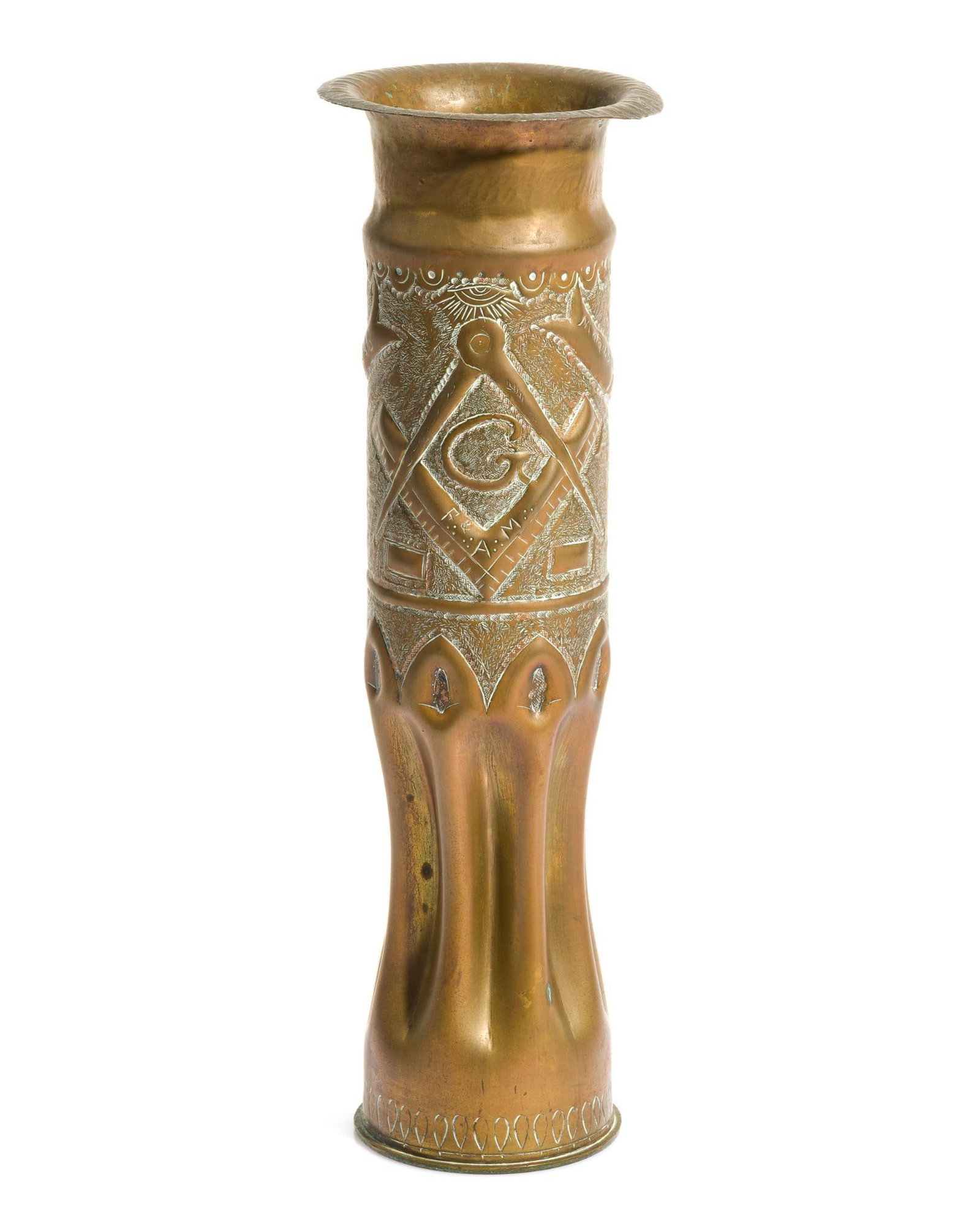WWI Trench Art Shell Vase: Belonged to James Arthur Young (1877-1929), Master of the Matawan Lodge 192, Free and Accepted Mason. The vase was made from a shell case salvaged from the ruins of the T.A. Gillespie Loading Plant