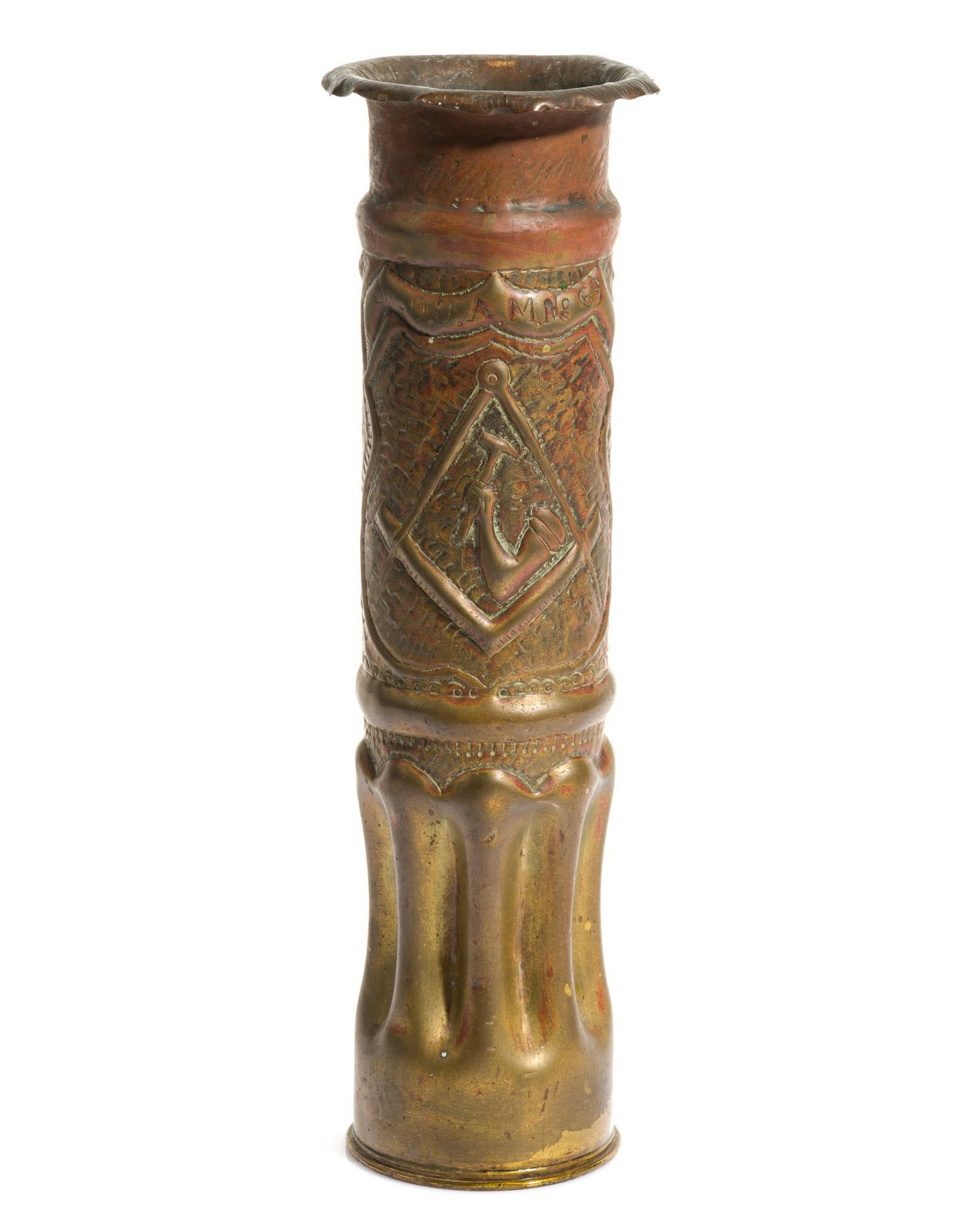WWI Trench Shell Vase: Trench art vase salvaged from the explosion of T.A. Gillespie Loading Plant from October 4, 1918 that killed an estimated 100 people and left the surrounding area devastated. The Gillespie plant was
