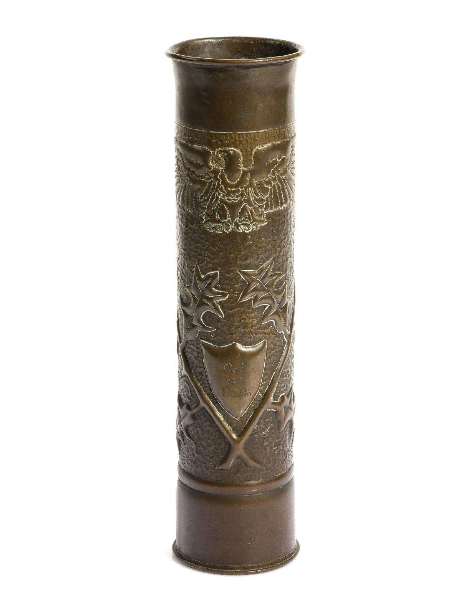 WWI Trench Art Shell Vase: Belonged to John C. Warner (1896-1938), Co. A. 110th Field Signal Battalion, 35th Infantry Division. Warner was born in Freeport, Illionois, in 1896, and he moved with his family to Kansas an early