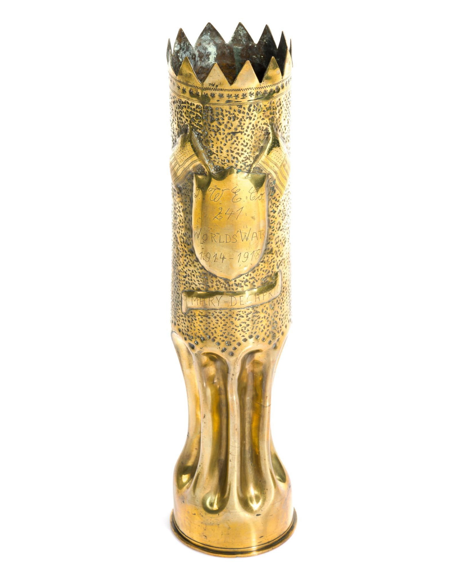 WWI Trench Art Shell Vase: Belonged to Private Domenic De Caprio (1894-1950), Prisoner of War Escort Co. 241. De Caprio was born in New York City, but by the outbreak of WWI he had relocated to New Castle, PA, where he was