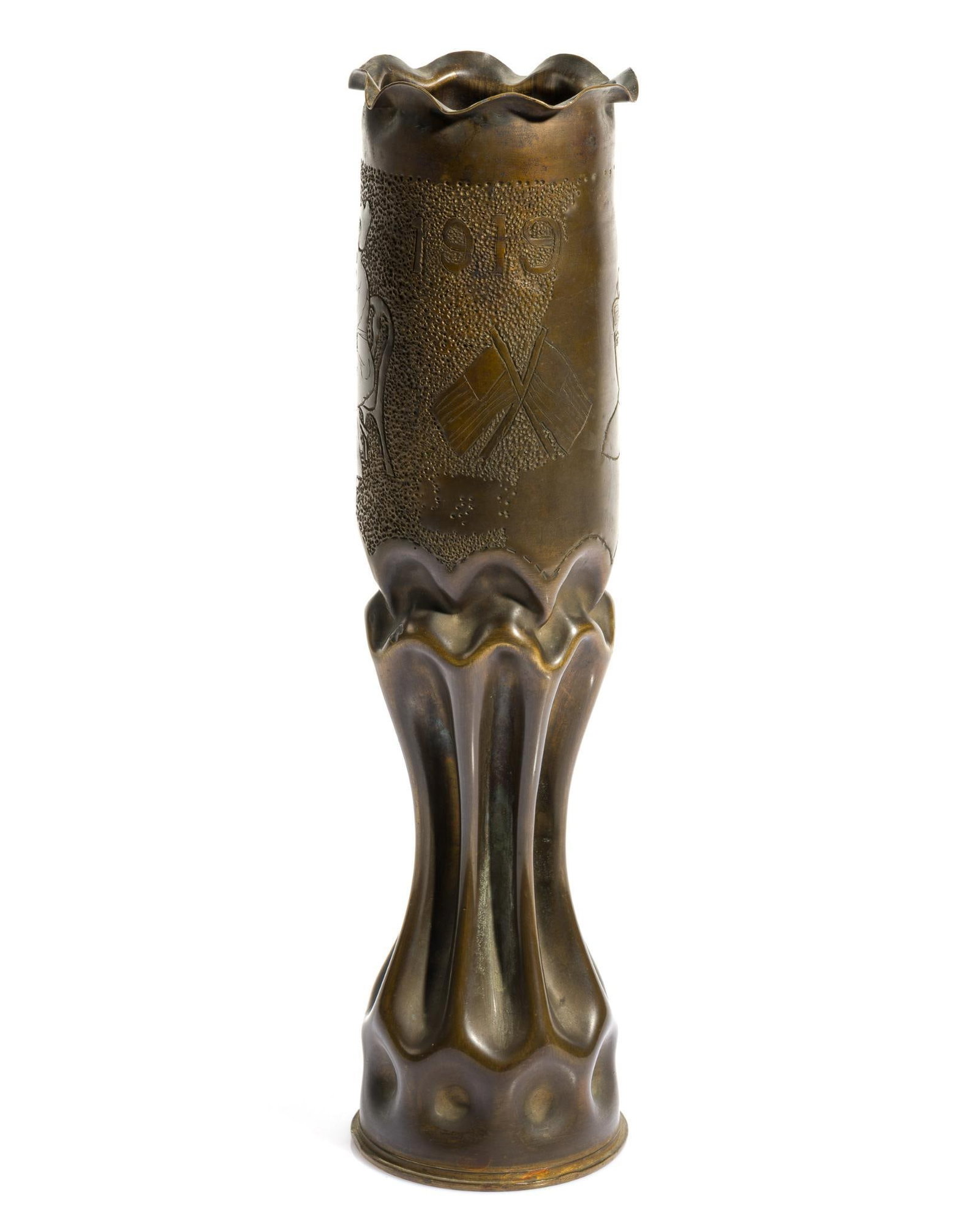 WWI Trench Art Shell Vase: Appears to have been presented by an unknown U.S. aviator to his lady friend. Made from a 75mm shell casing made by Scovill. Upper half has embossed portrait of aviator with his flight googles and a